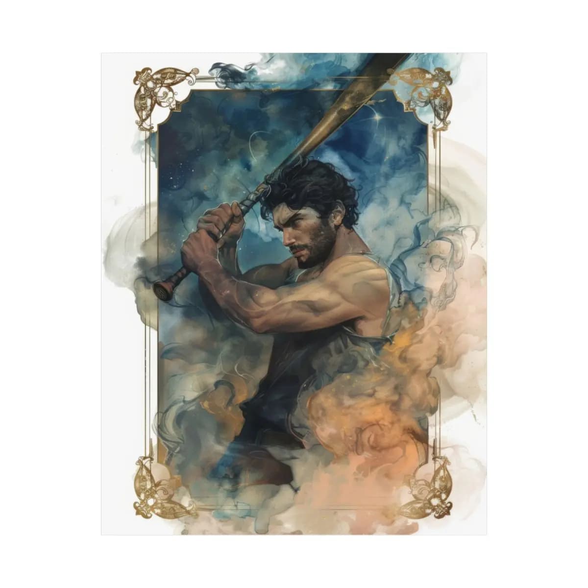 Dark Warrior Wielding a Bat Through Fire and Smoke - Matte Vertical Posters mockup angle 2