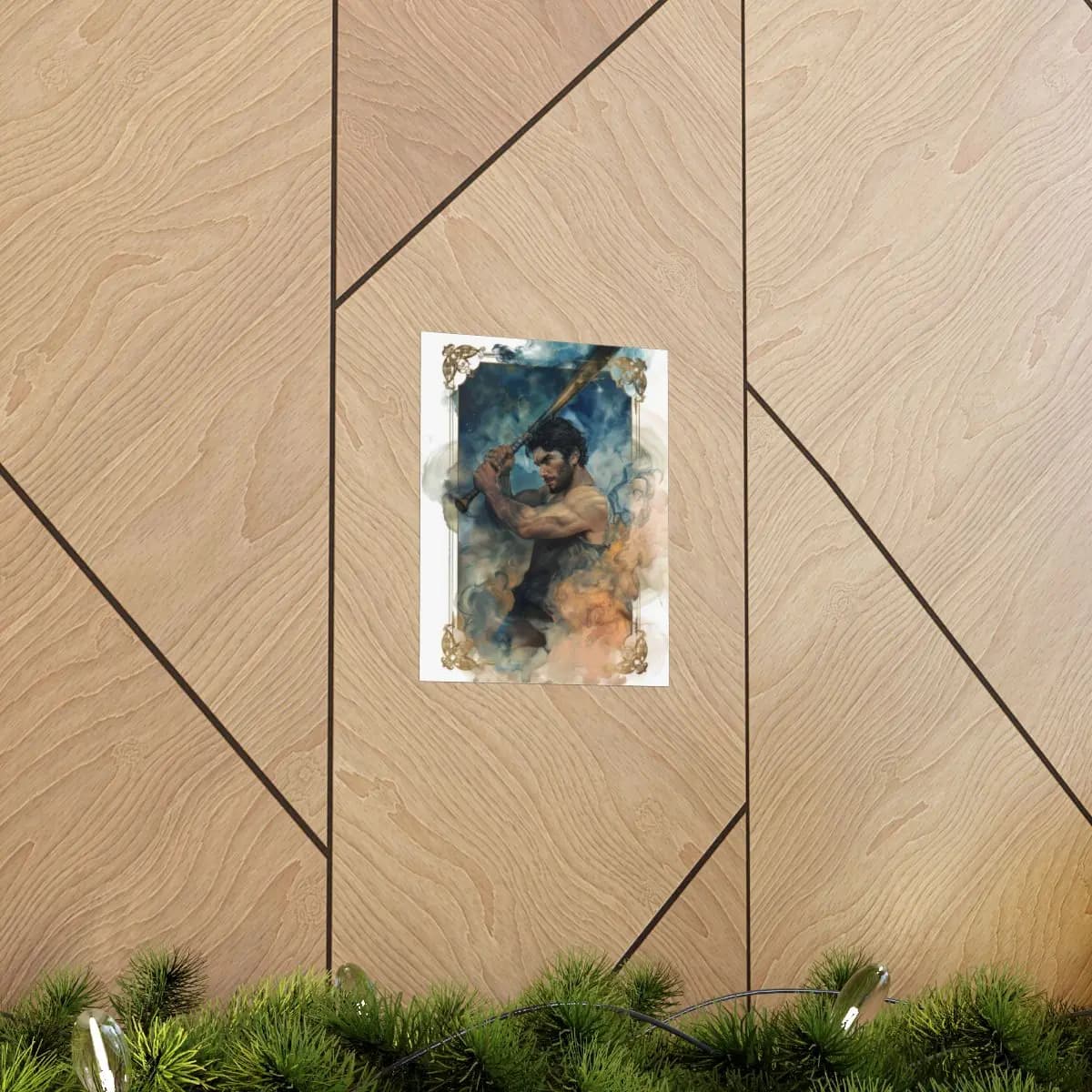 Dark Warrior Wielding a Bat Through Fire and Smoke - Matte Vertical Posters mockup angle 5