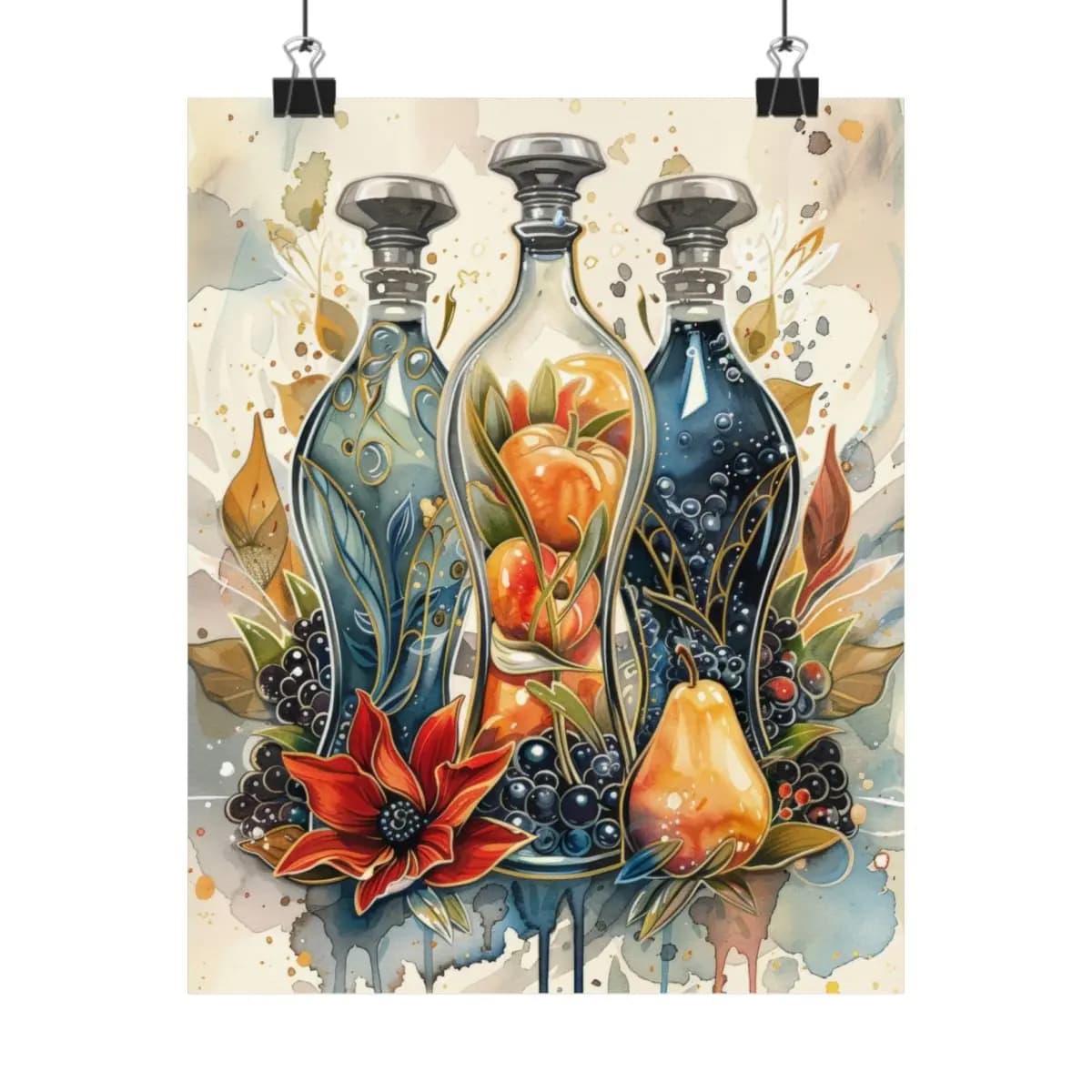 Three Ornate Decanters With Fruits and Wild Blooms - Matte Vertical Posters mockup angle 1