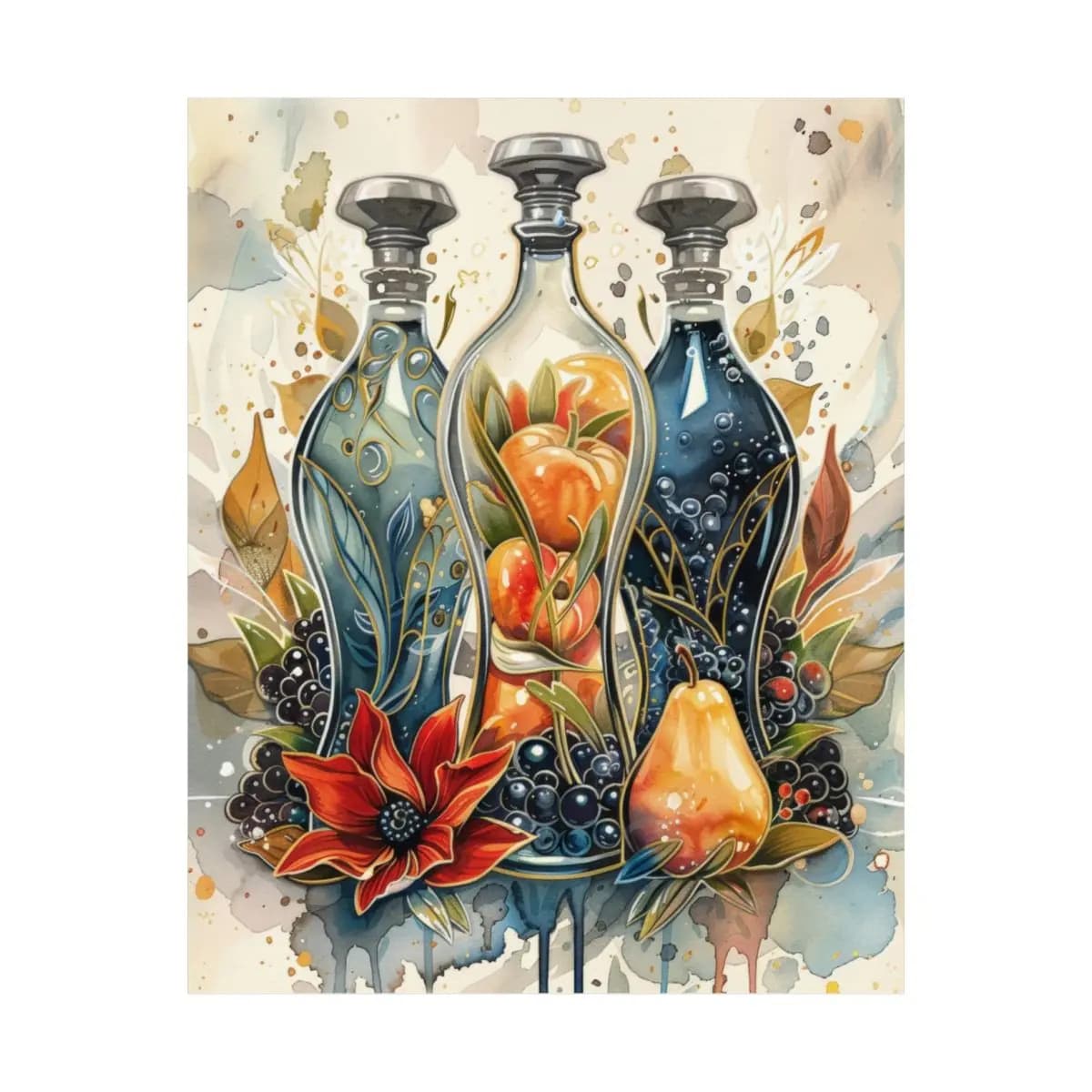 Three Ornate Decanters With Fruits and Wild Blooms - Matte Vertical Posters mockup angle 2