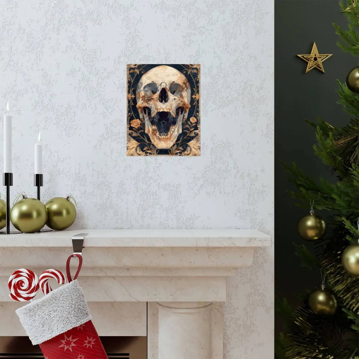 Flowering Skull with Golden Ornaments - Matte Vertical Posters mockup angle 7
