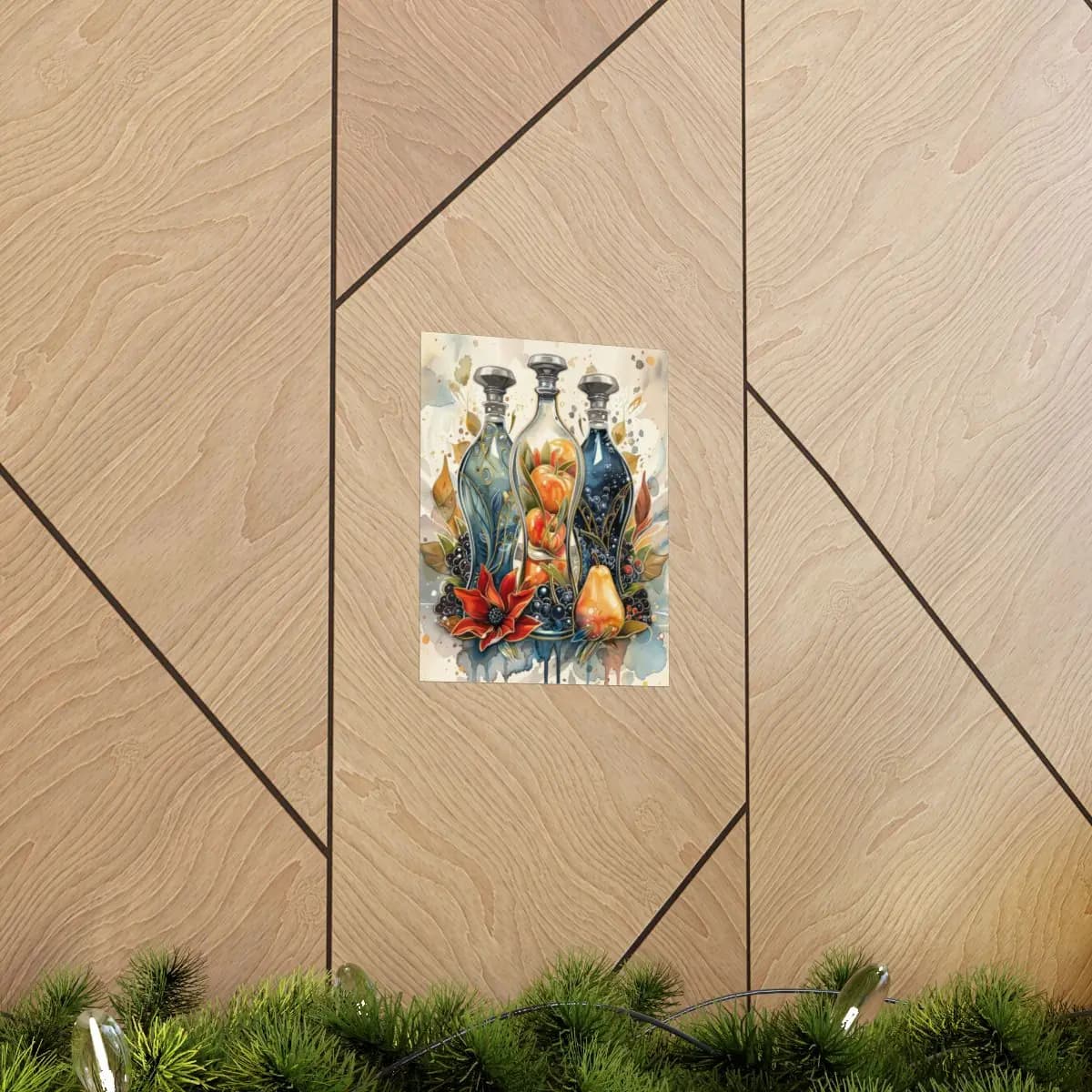 Three Ornate Decanters With Fruits and Wild Blooms - Matte Vertical Posters mockup angle 5