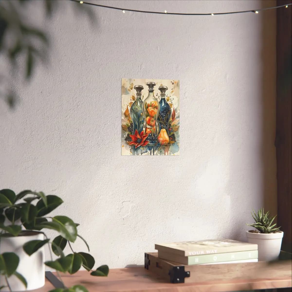 Three Ornate Decanters With Fruits and Wild Blooms - Matte Vertical Posters mockup angle 6