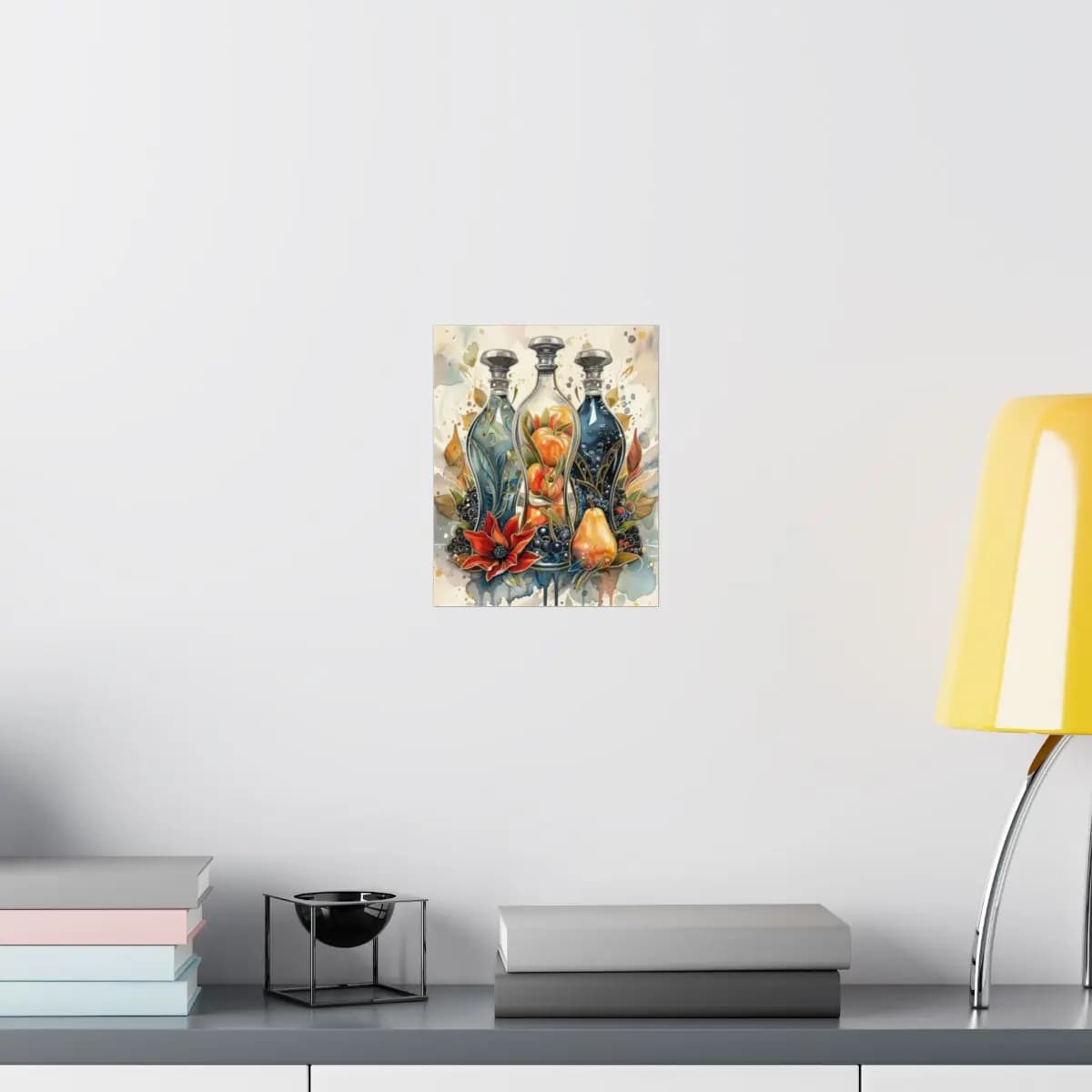 Three Ornate Decanters With Fruits and Wild Blooms - Matte Vertical Posters mockup angle 8