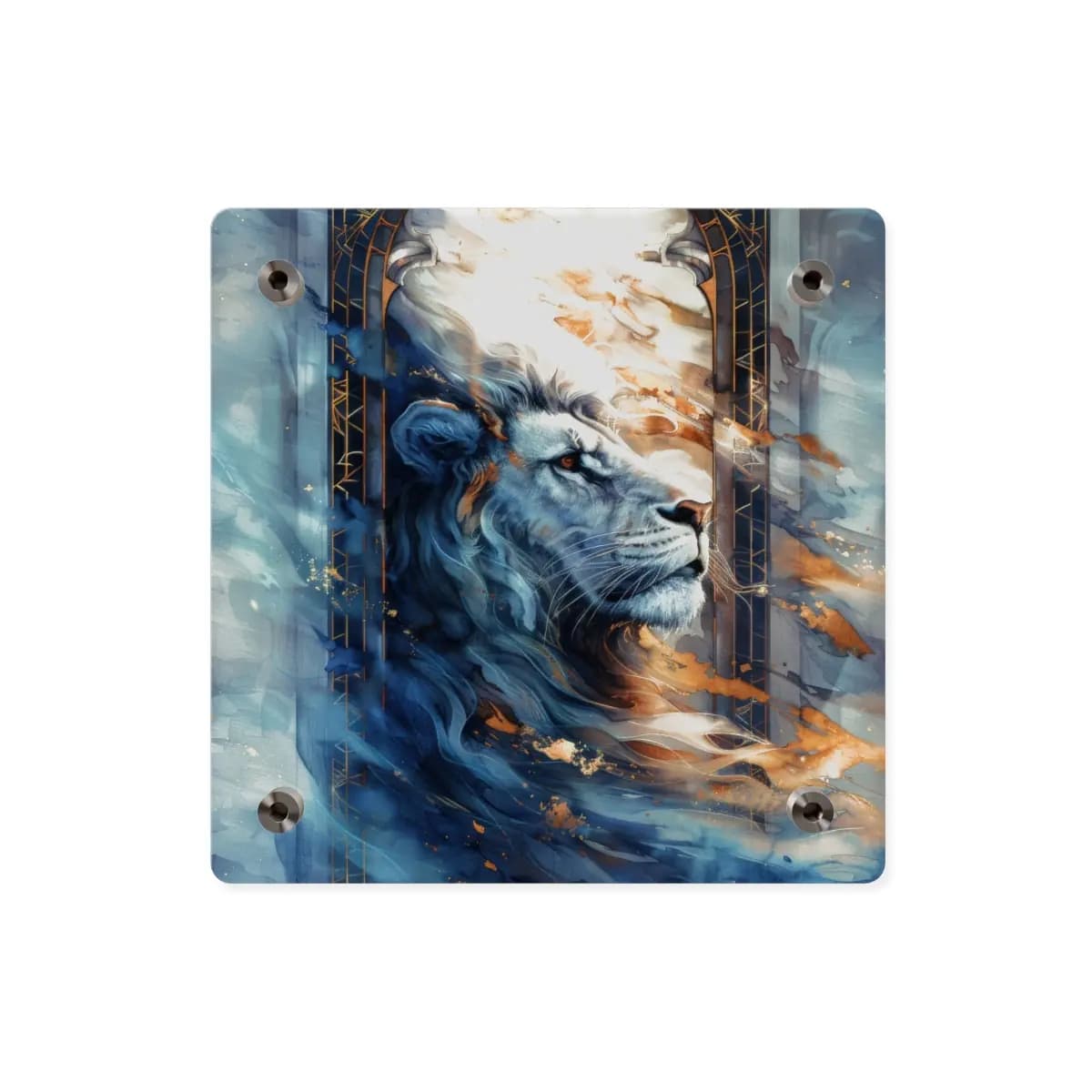 The Celestial Lion Within the Golden Arch - Acrylic Wall Art Panels mockup angle 2
