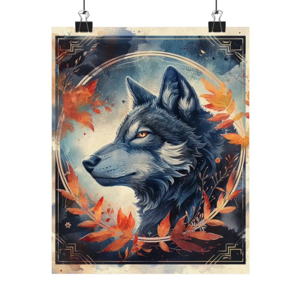Steel Blue Wolf Among Blazing Autumn Leaves - Matte Vertical Posters mockup angle 1