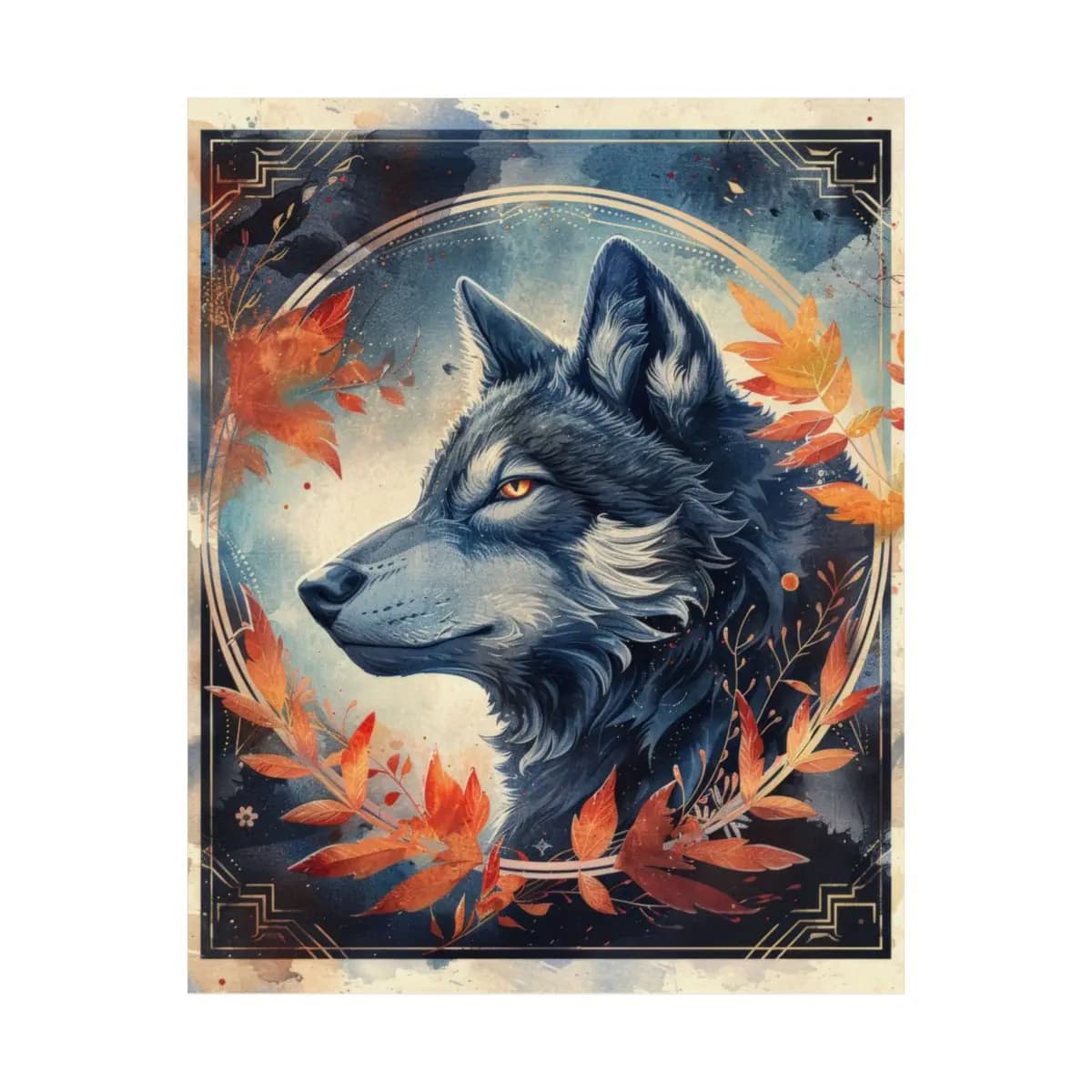 Steel Blue Wolf Among Blazing Autumn Leaves - Matte Vertical Posters mockup angle 2