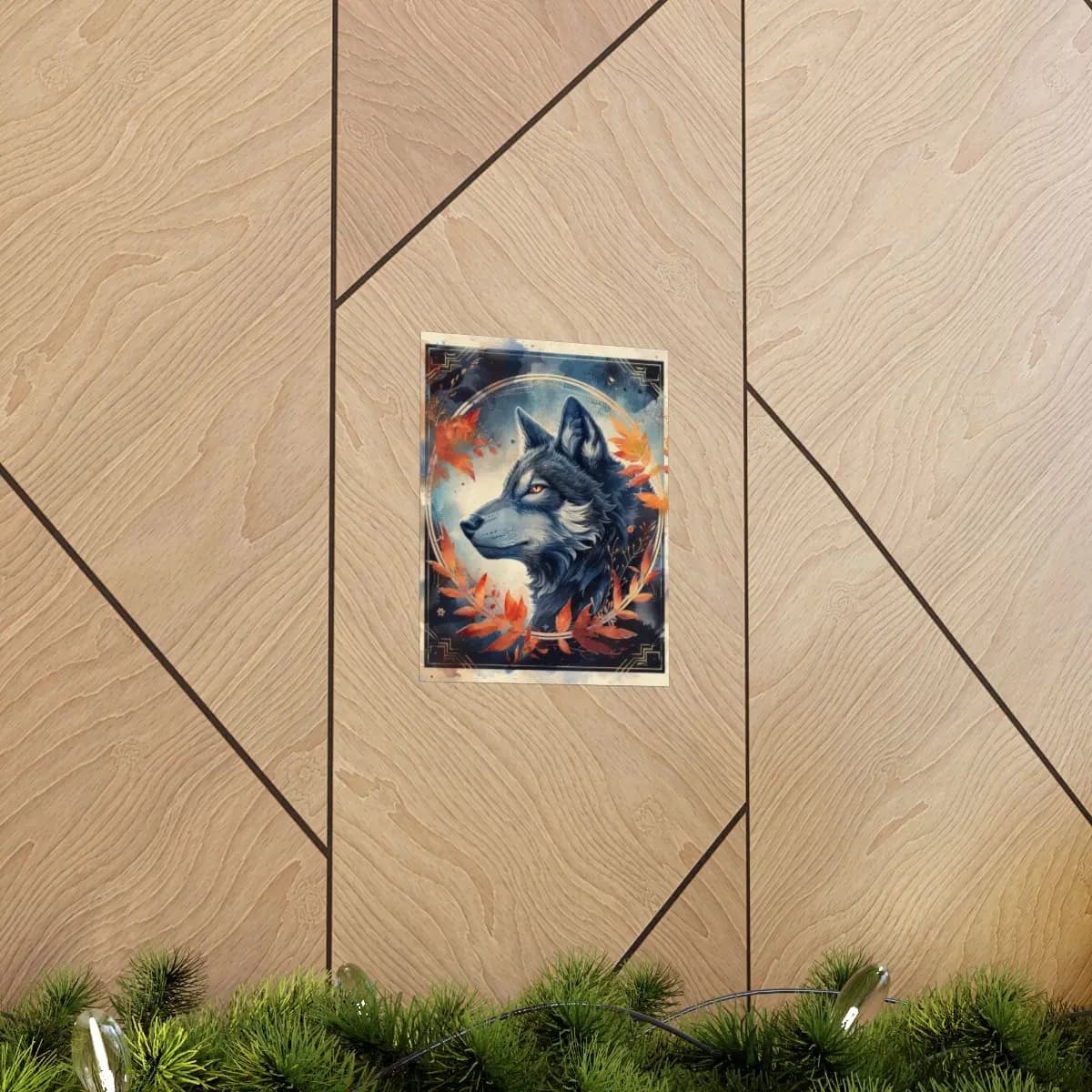 Steel Blue Wolf Among Blazing Autumn Leaves - Matte Vertical Posters mockup angle 5