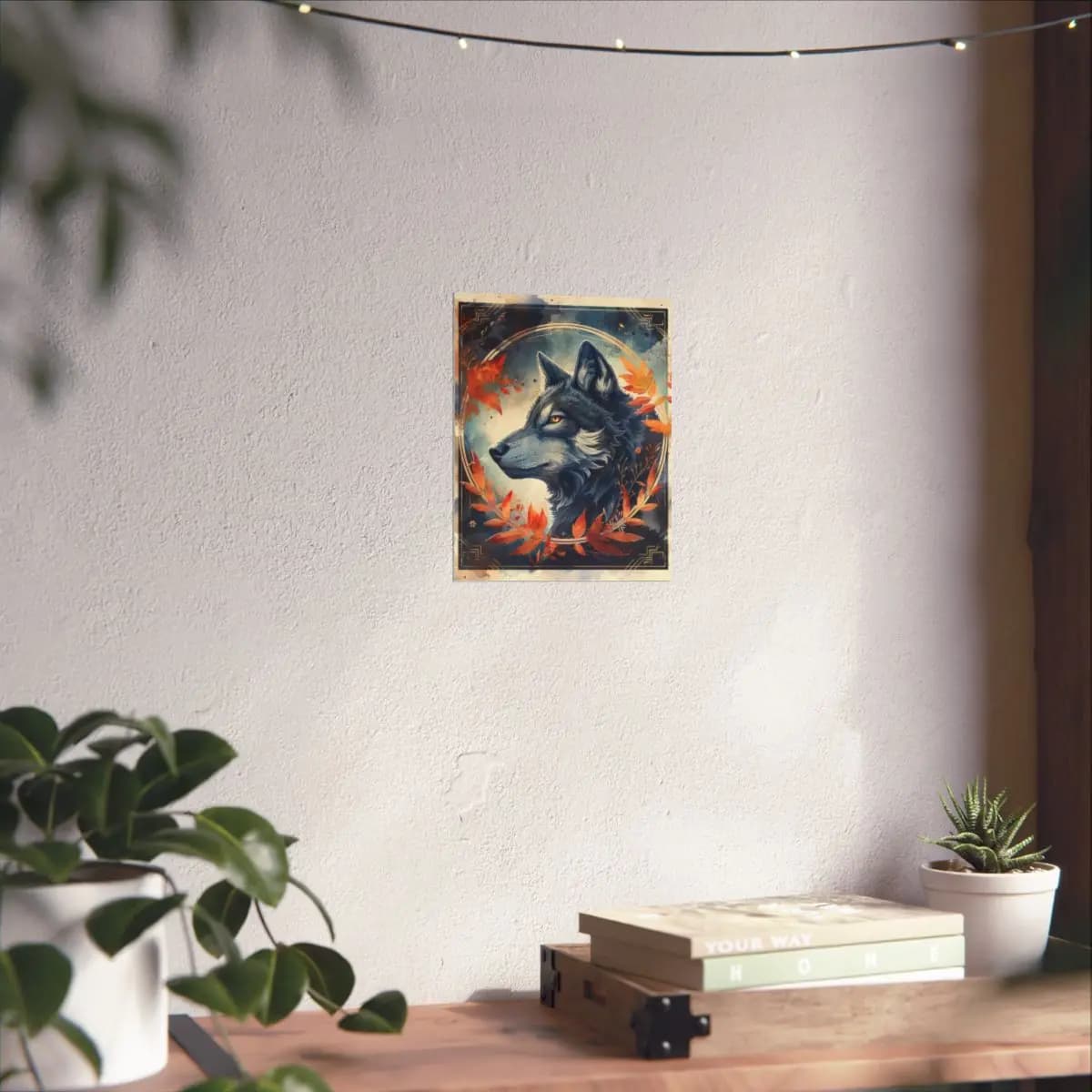 Steel Blue Wolf Among Blazing Autumn Leaves - Matte Vertical Posters mockup angle 6