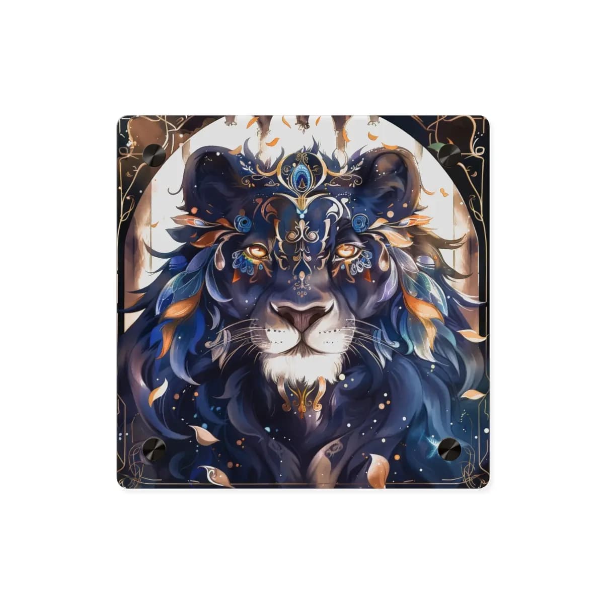 Celestial Lion Adorned in Gold and Blue - Acrylic Wall Art Panels mockup angle 1