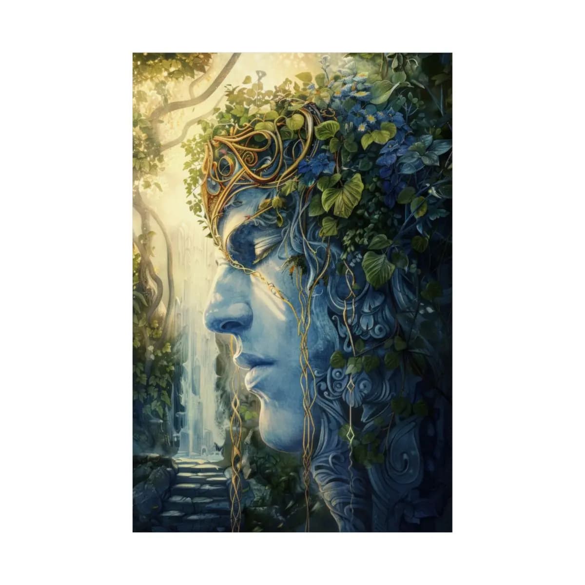 The Stone Guardian Crowned in Blue Blossoms - Matte Vertical Posters mockup angle 2
