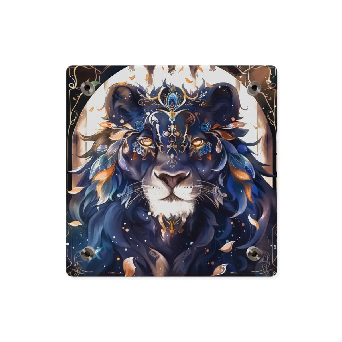Celestial Lion Adorned in Gold and Blue - Acrylic Wall Art Panels mockup angle 2