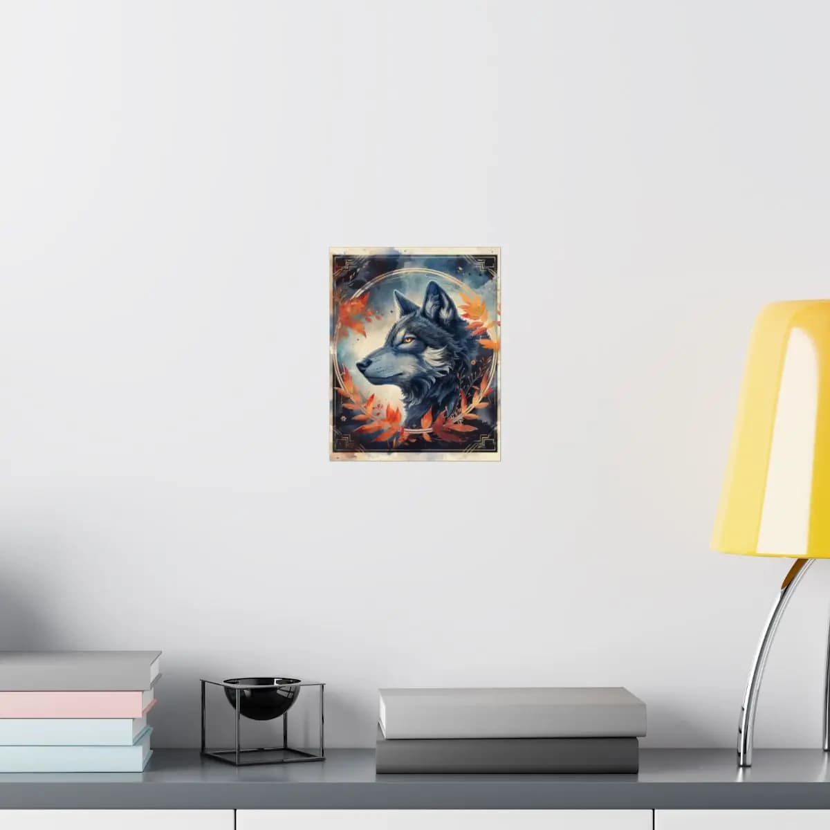 Steel Blue Wolf Among Blazing Autumn Leaves - Matte Vertical Posters mockup angle 8