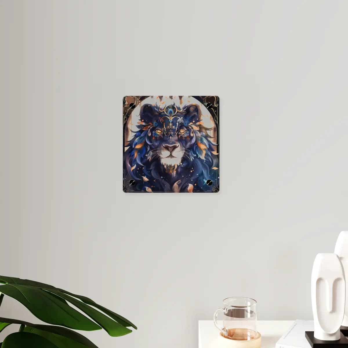 Celestial Lion Adorned in Gold and Blue - Acrylic Wall Art Panels mockup angle 3