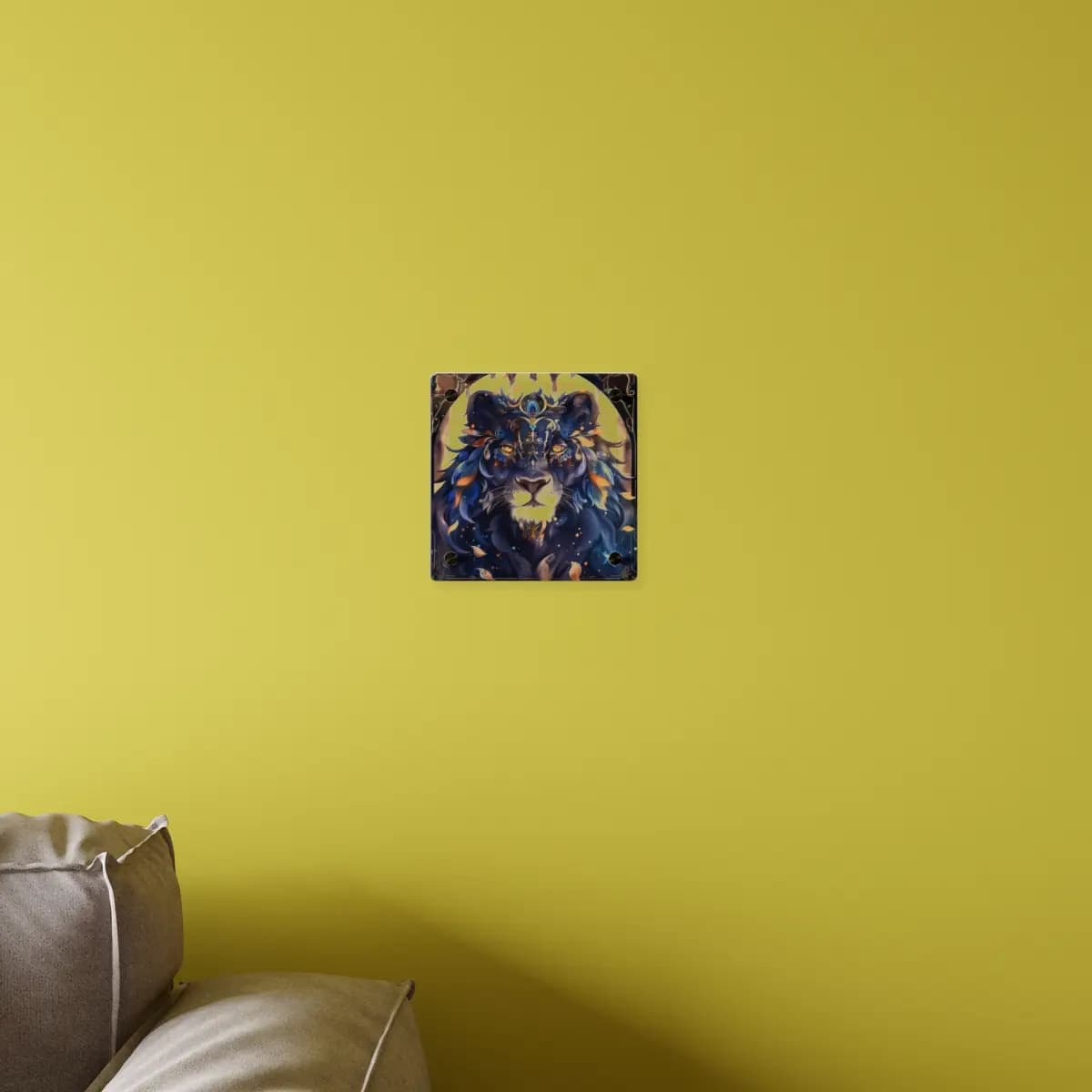 Celestial Lion Adorned in Gold and Blue - Acrylic Wall Art Panels mockup angle 4