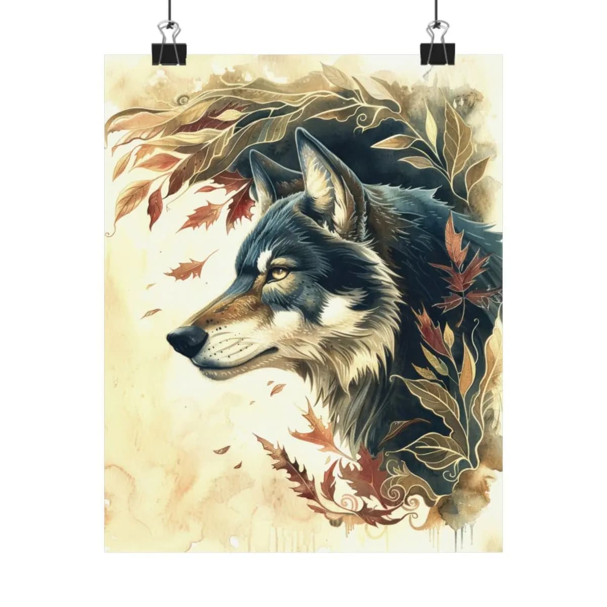 Majestic Wolf Among Autumn Leaves - Matte Vertical Posters mockup angle 1
