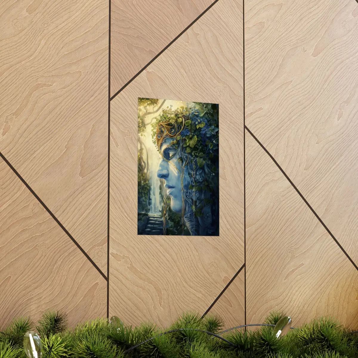 The Stone Guardian Crowned in Blue Blossoms - Matte Vertical Posters mockup angle 5