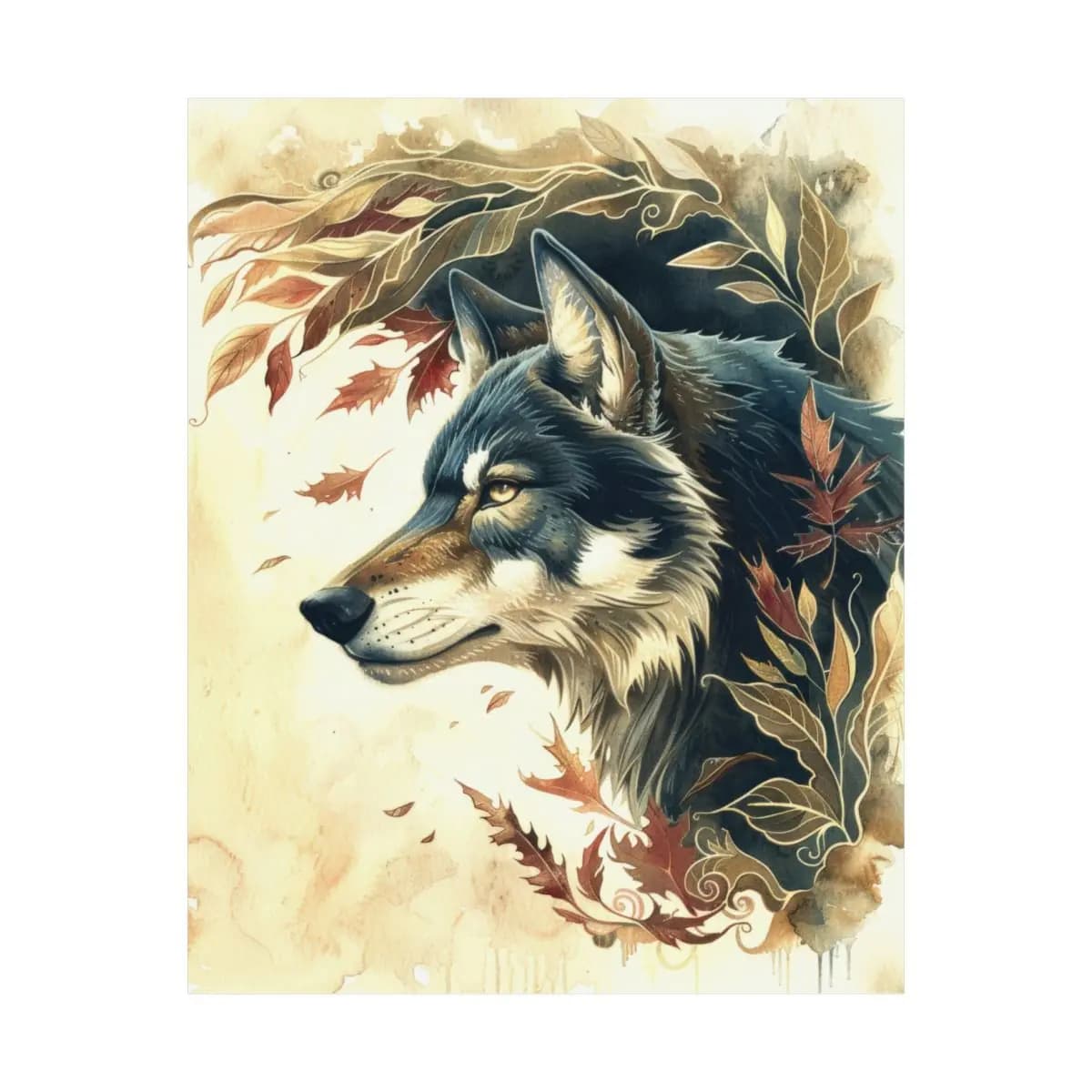 Majestic Wolf Among Autumn Leaves - Matte Vertical Posters mockup angle 2