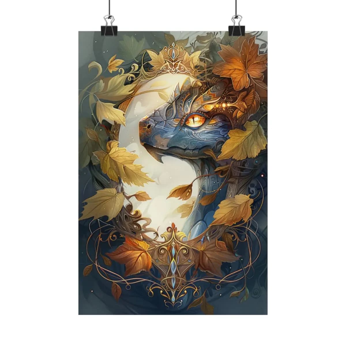 Crowned Dragon Among Autumn Leaves - Matte Vertical Posters mockup angle 1