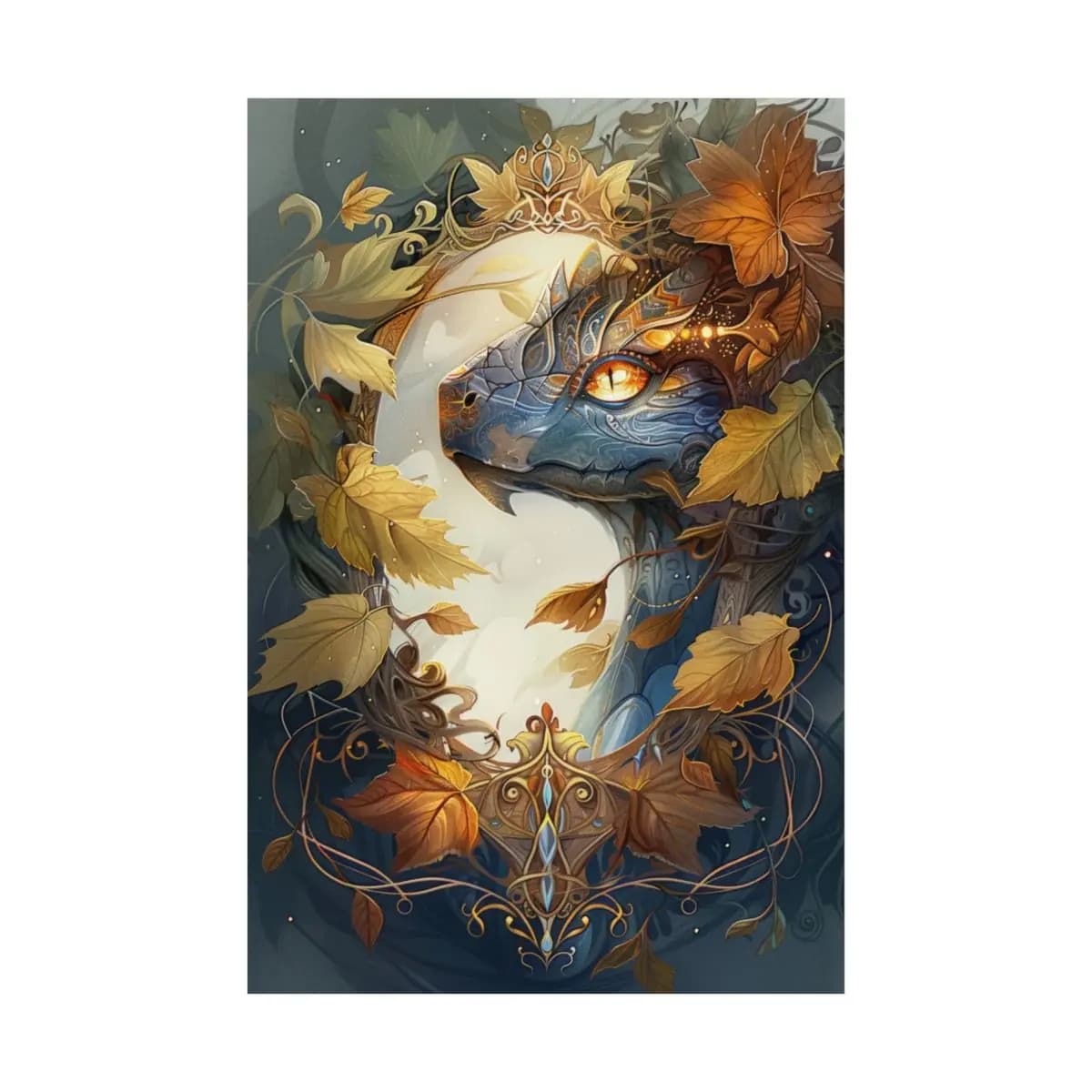 Crowned Dragon Among Autumn Leaves - Matte Vertical Posters mockup angle 2