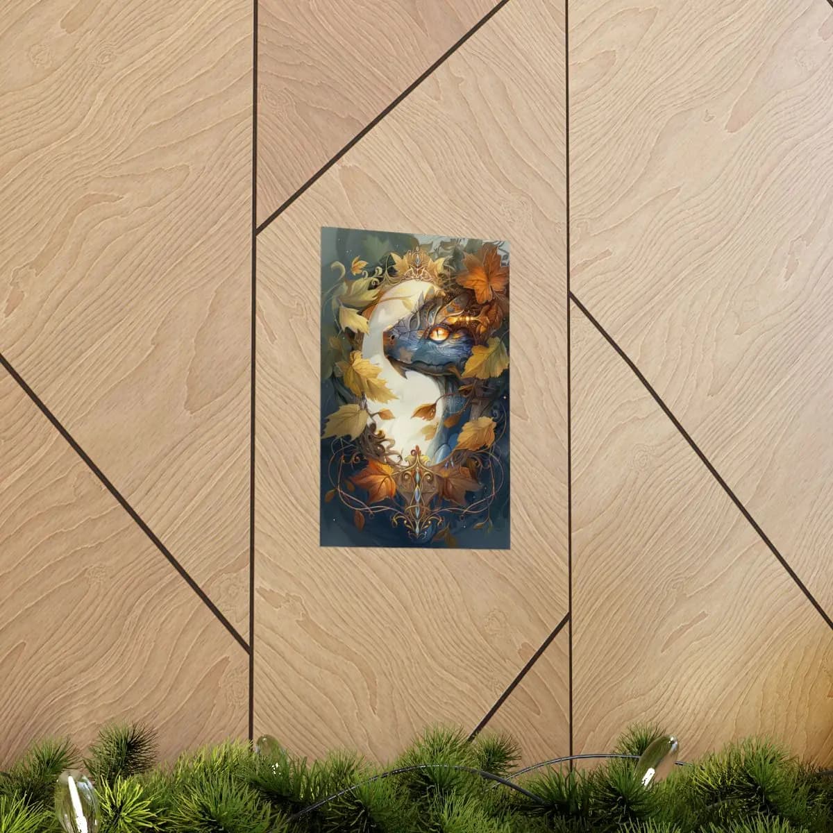 Crowned Dragon Among Autumn Leaves - Matte Vertical Posters mockup angle 5