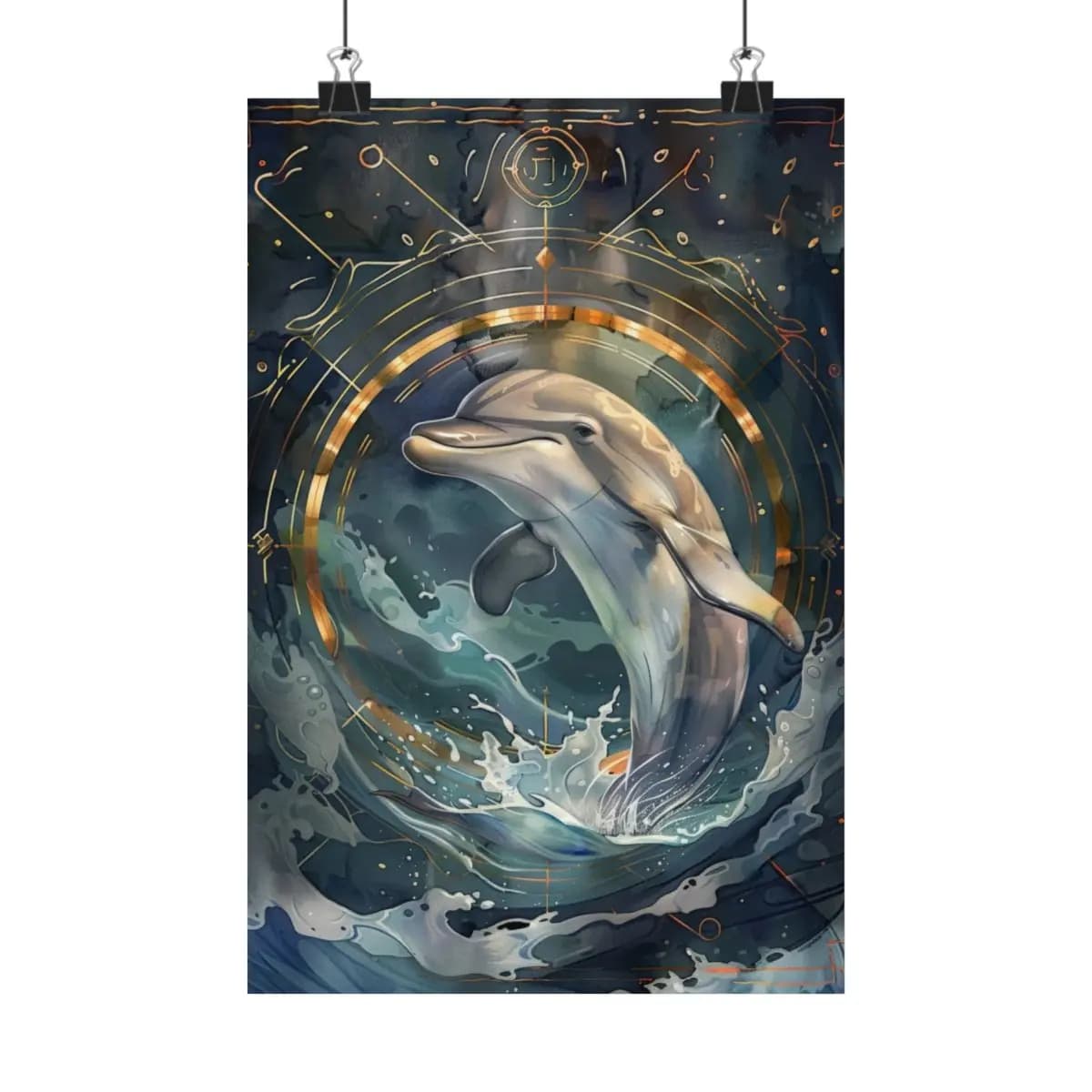 Sacred Dolphin Within Golden Celestial Rings - Matte Vertical Posters mockup angle 1