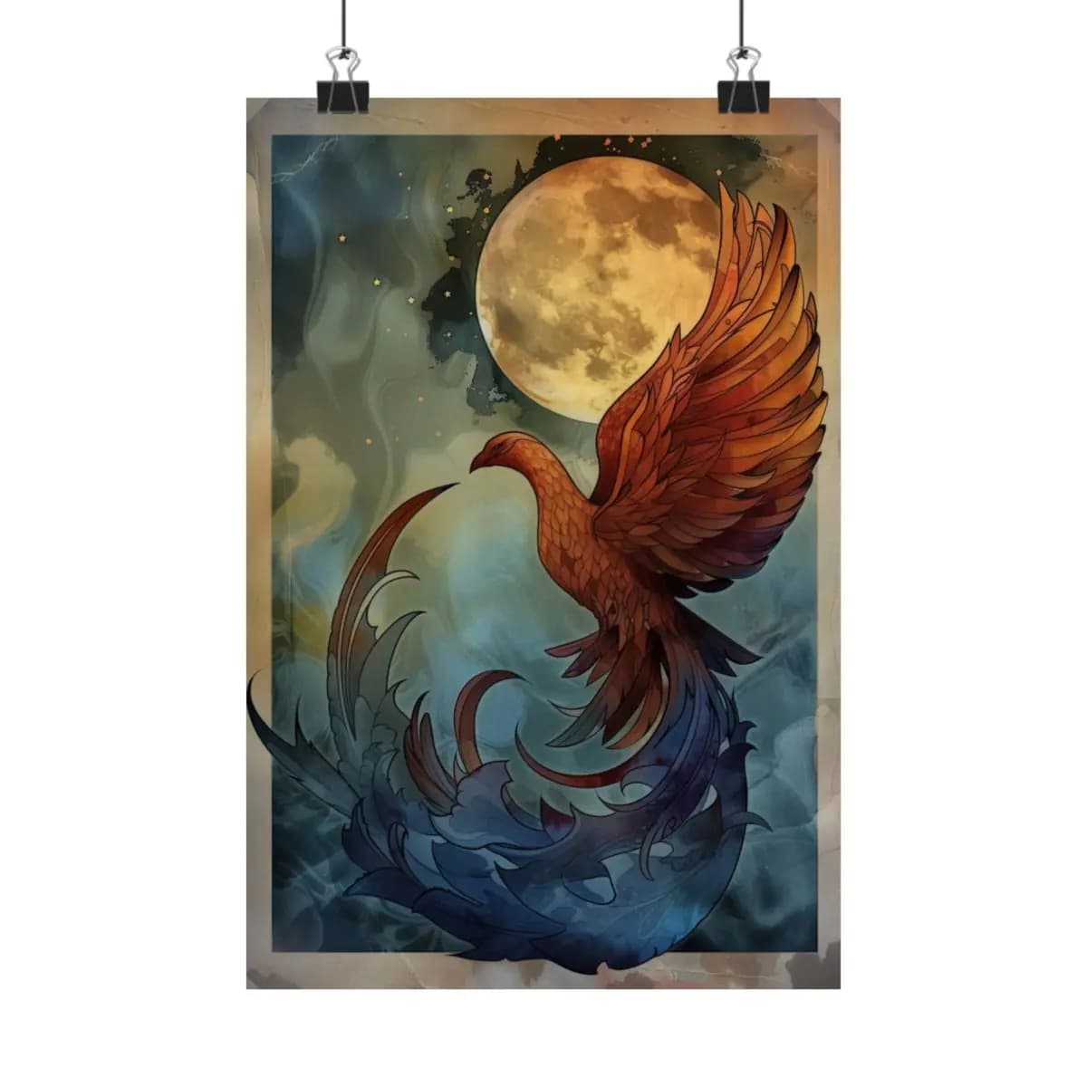 Phoenix Rising Beneath the Golden Moon - Matte Vertical Posters mockup angle 1