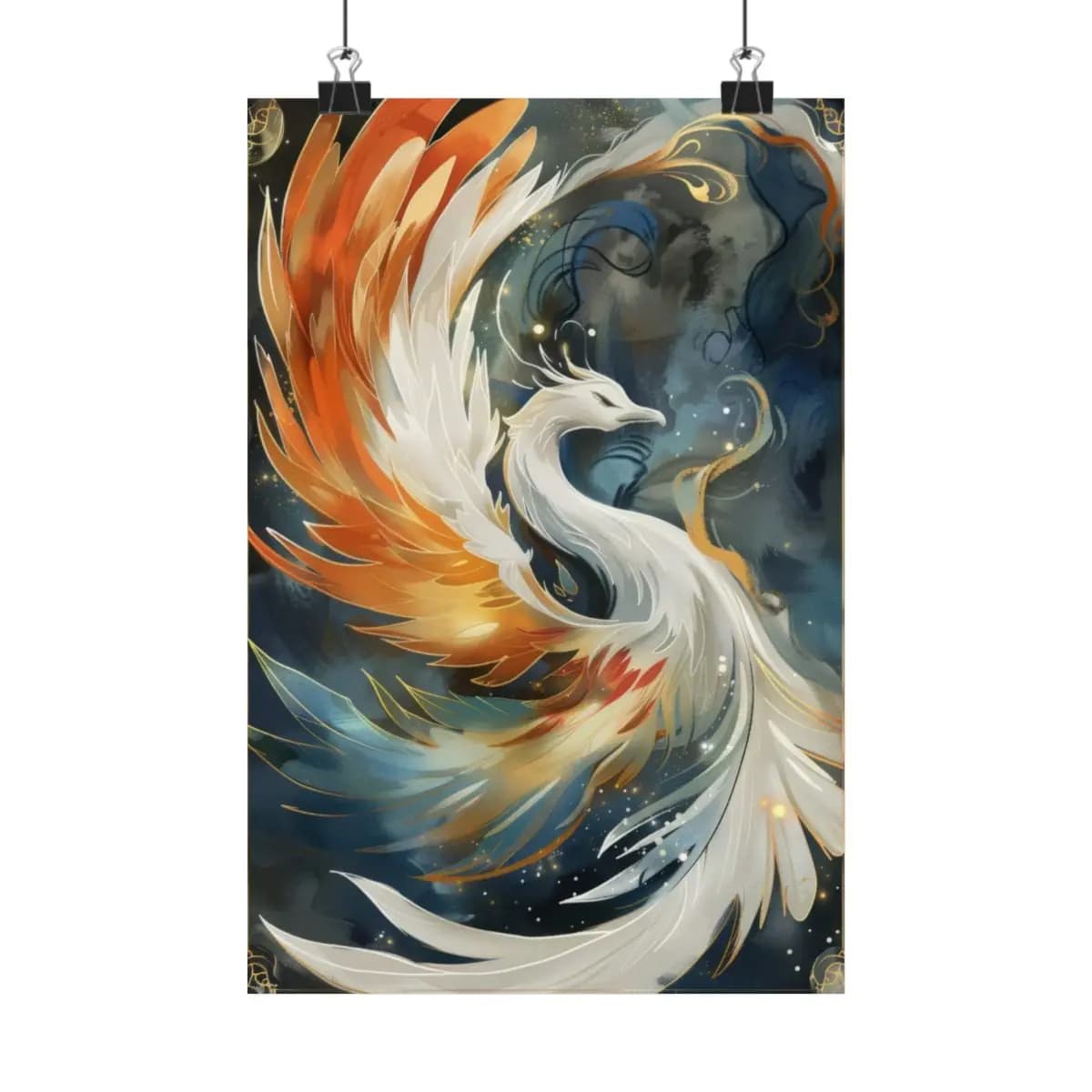 White Phoenix Rising in Fire and Gold - Matte Vertical Posters mockup angle 1