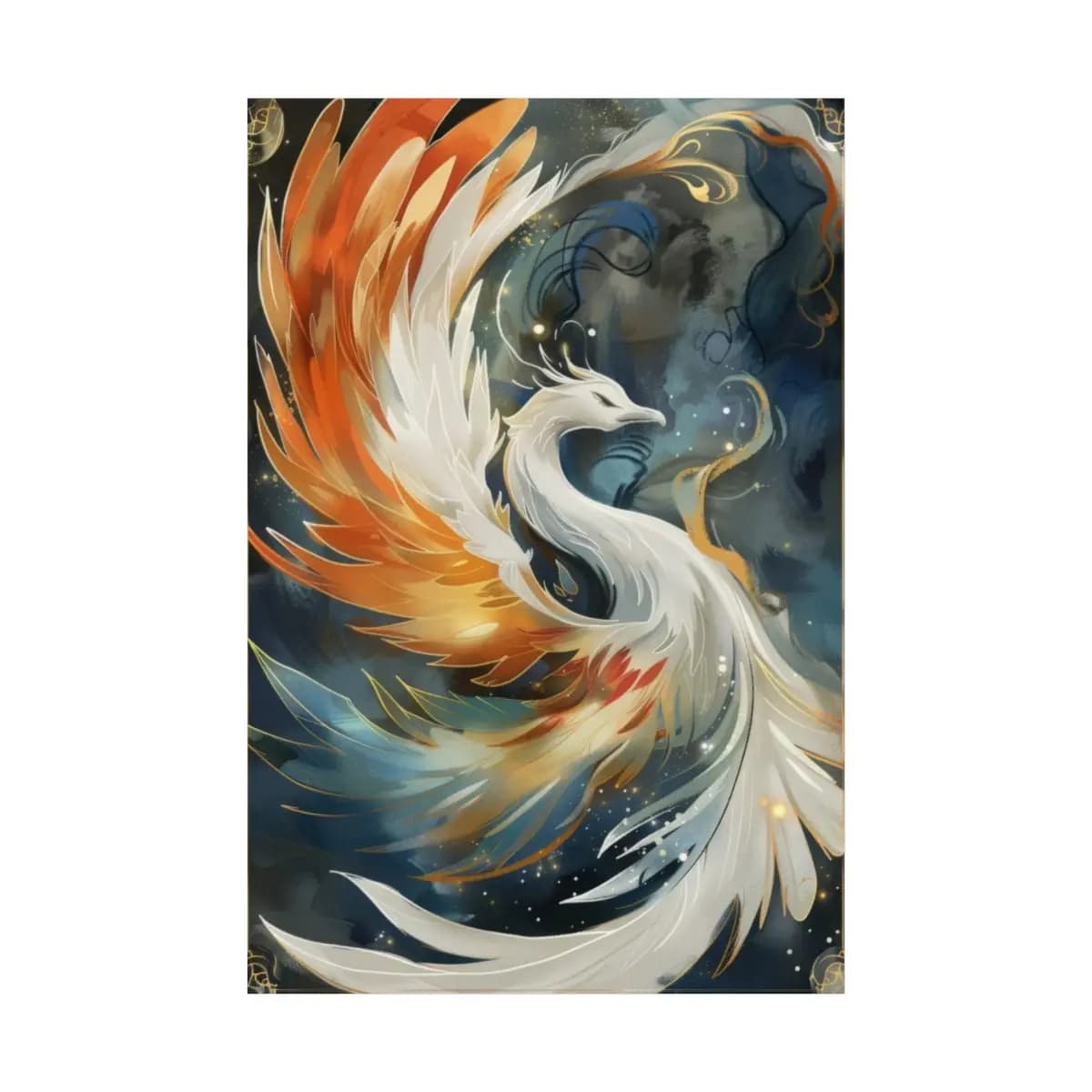 White Phoenix Rising in Fire and Gold - Matte Vertical Posters mockup angle 2
