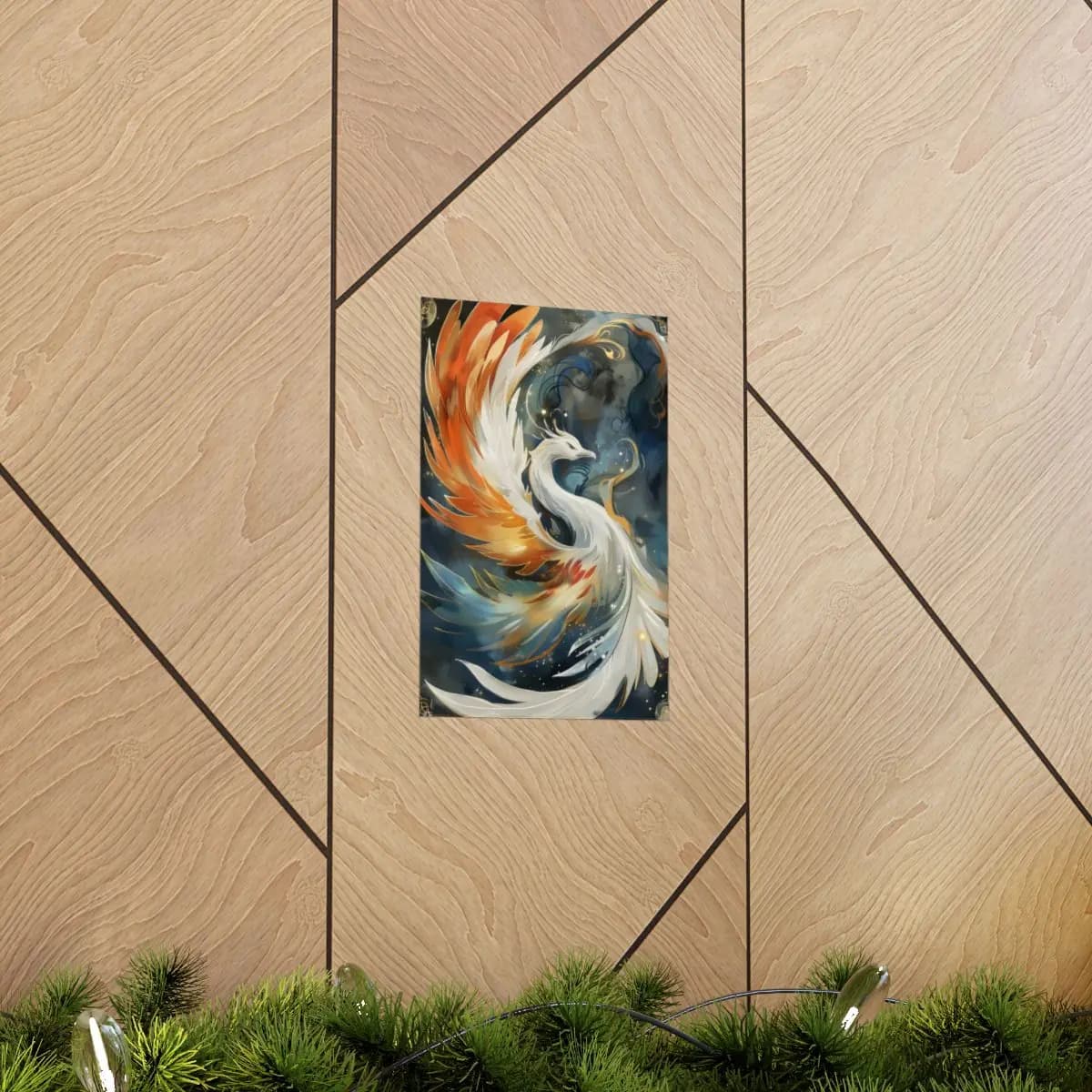 White Phoenix Rising in Fire and Gold - Matte Vertical Posters mockup angle 5