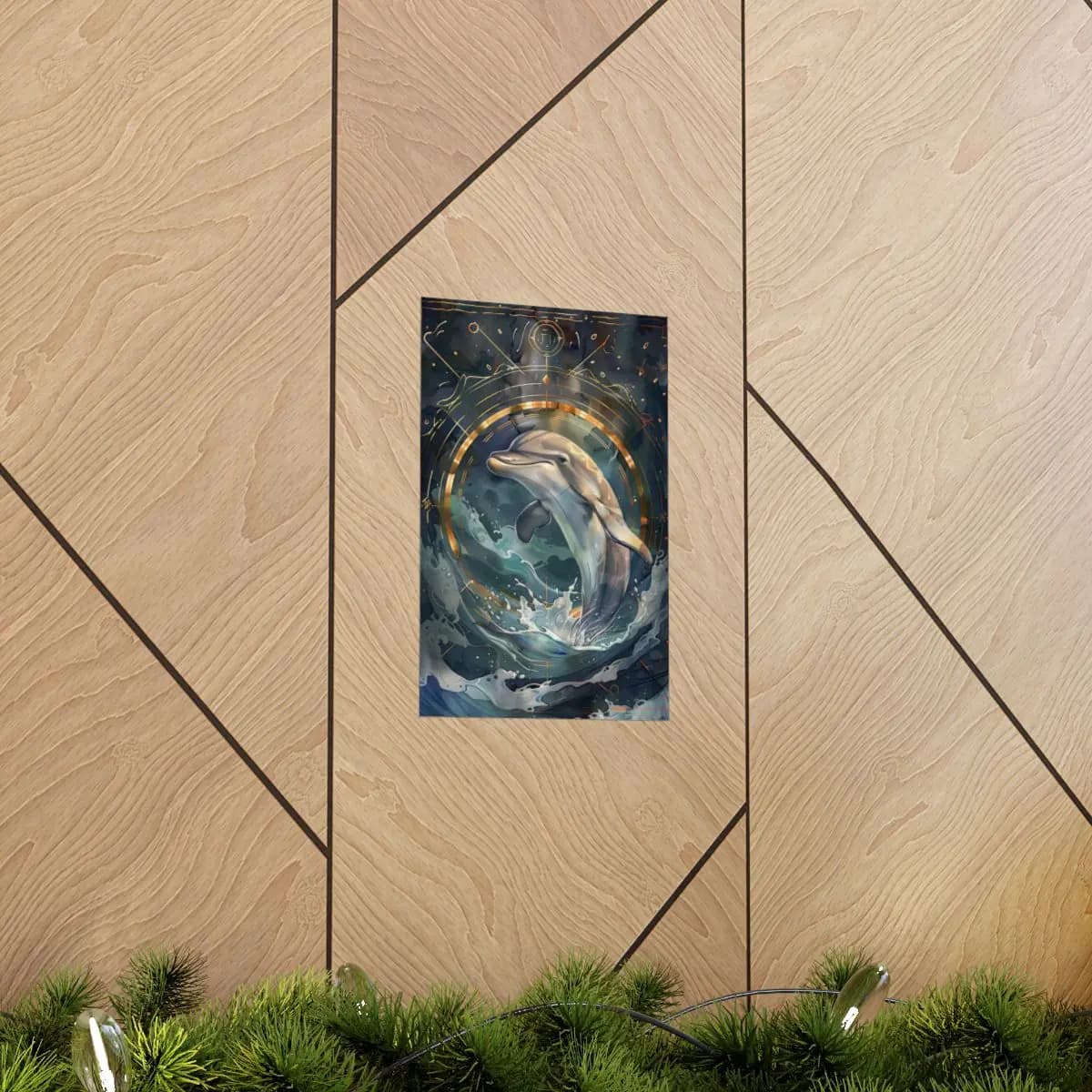 Sacred Dolphin Within Golden Celestial Rings - Matte Vertical Posters mockup angle 5