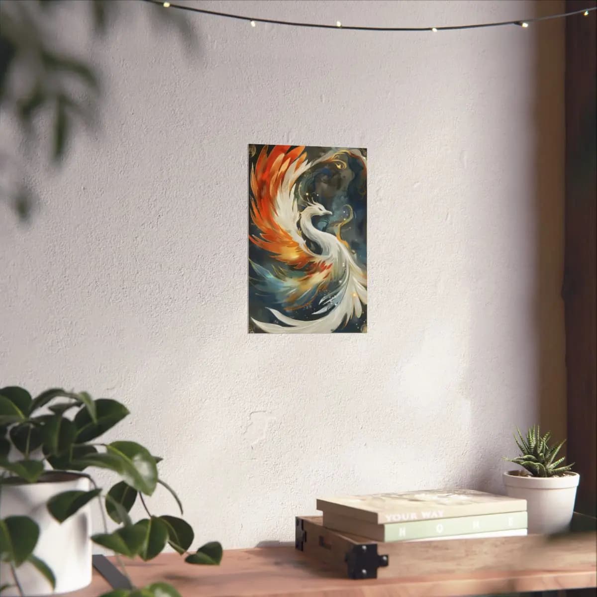 White Phoenix Rising in Fire and Gold - Matte Vertical Posters mockup angle 6