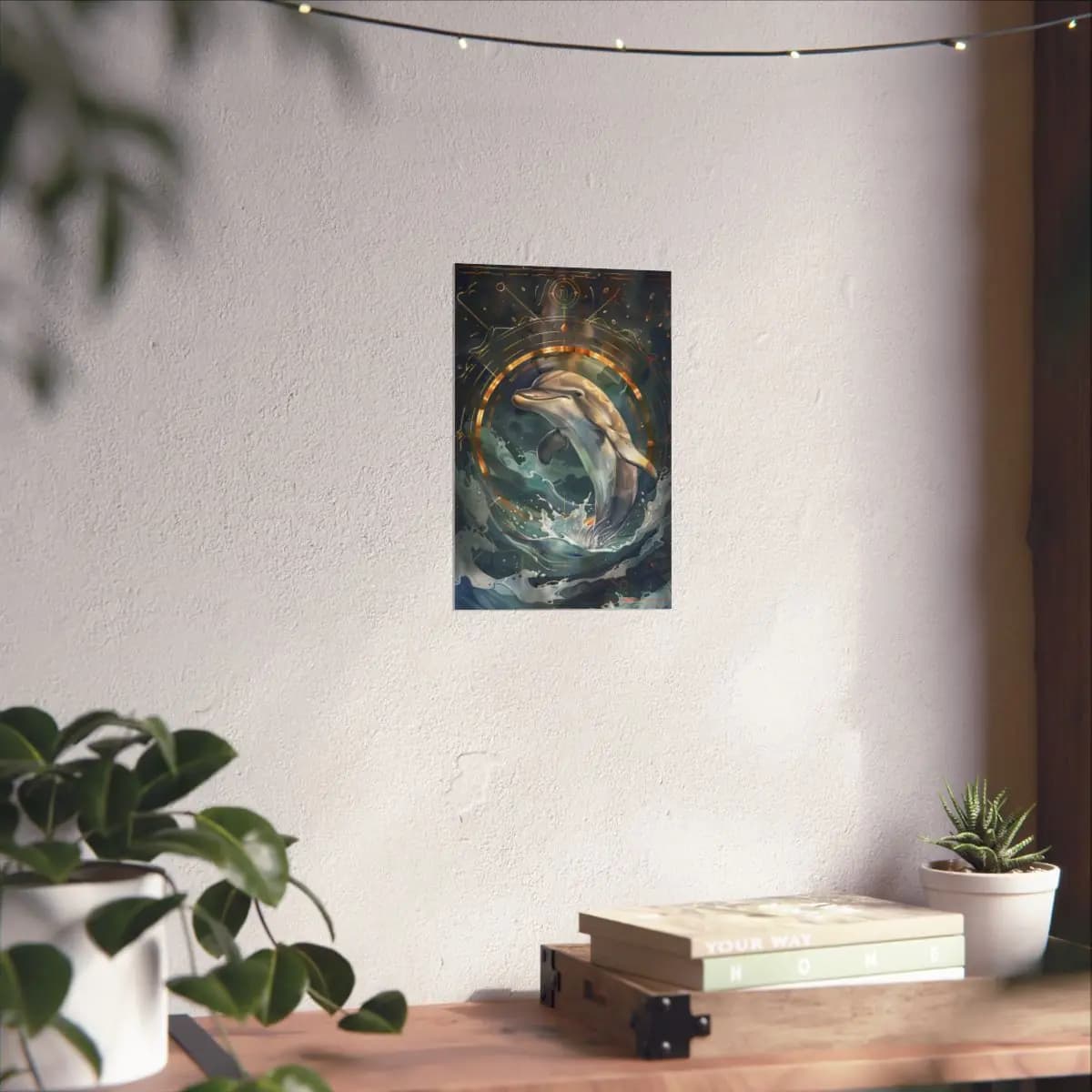 Sacred Dolphin Within Golden Celestial Rings - Matte Vertical Posters mockup angle 6