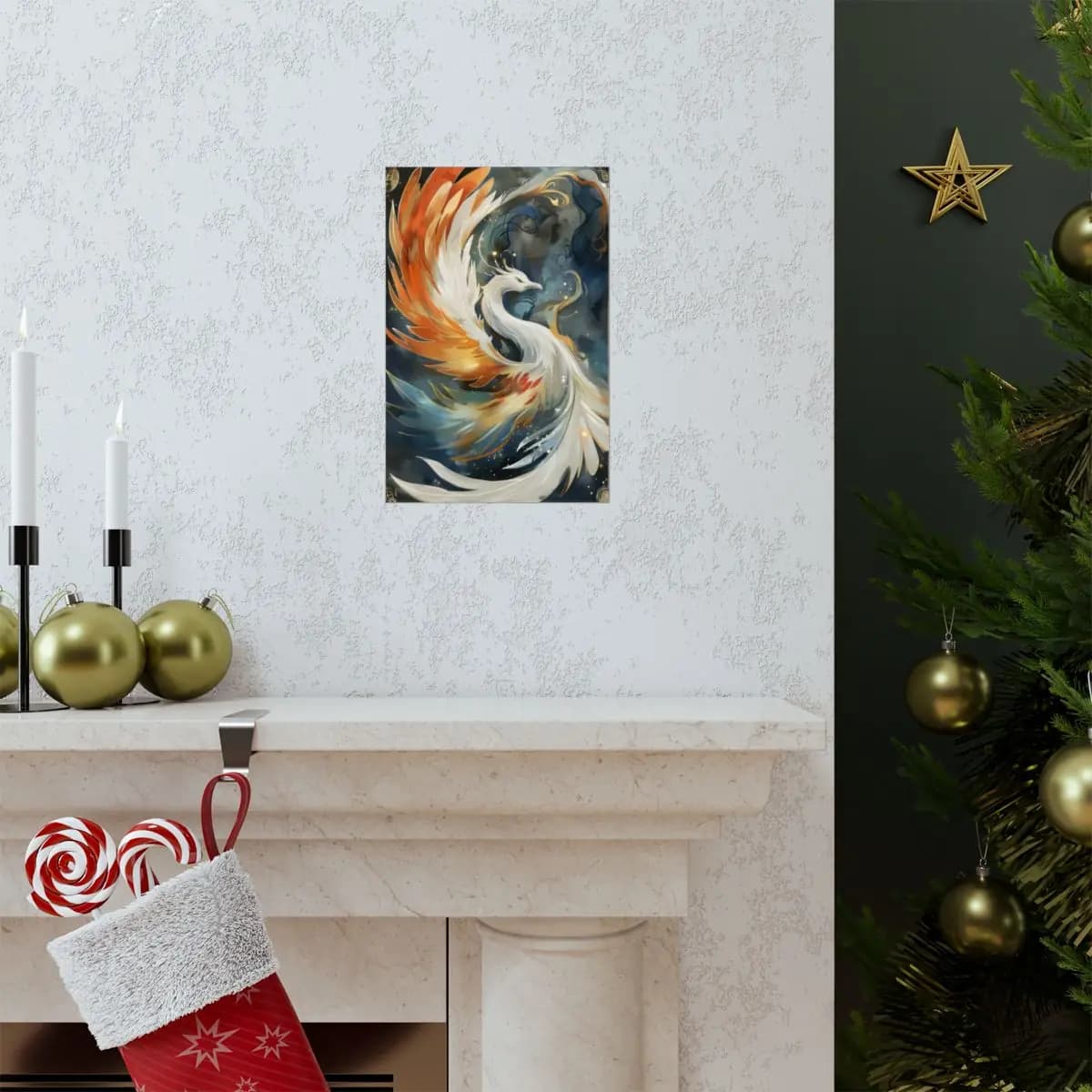 White Phoenix Rising in Fire and Gold - Matte Vertical Posters mockup angle 7