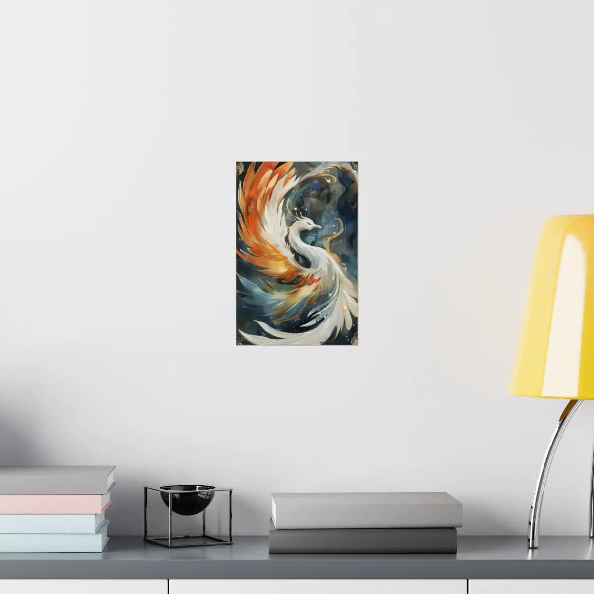 White Phoenix Rising in Fire and Gold - Matte Vertical Posters mockup angle 8