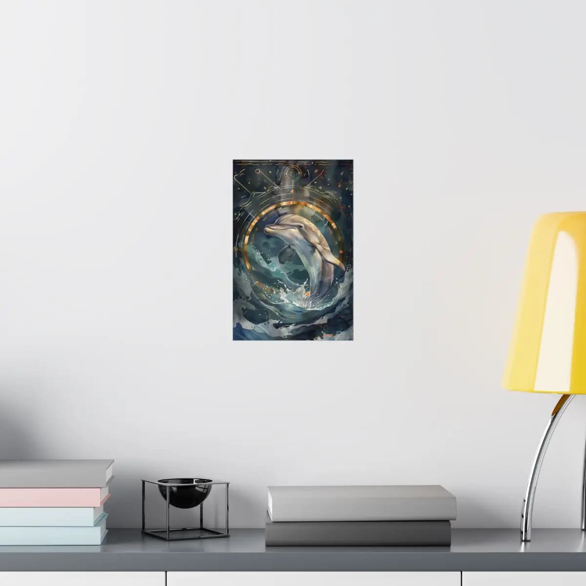 Sacred Dolphin Within Golden Celestial Rings - Matte Vertical Posters mockup angle 8