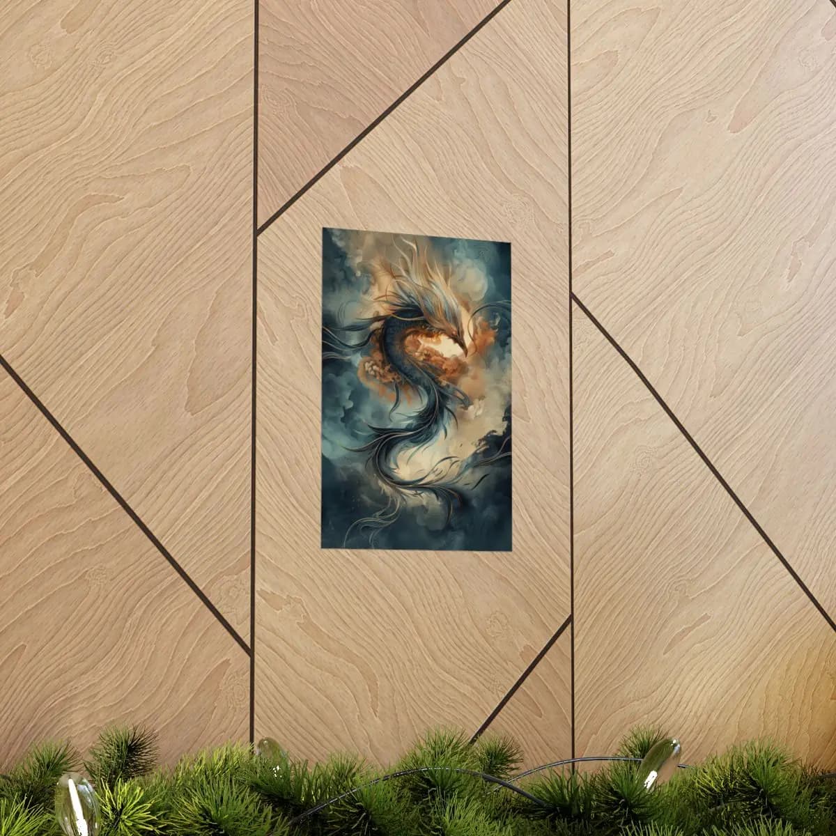 Celestial Dragon Rising Through Stormy Clouds - Matte Vertical Posters mockup angle 5