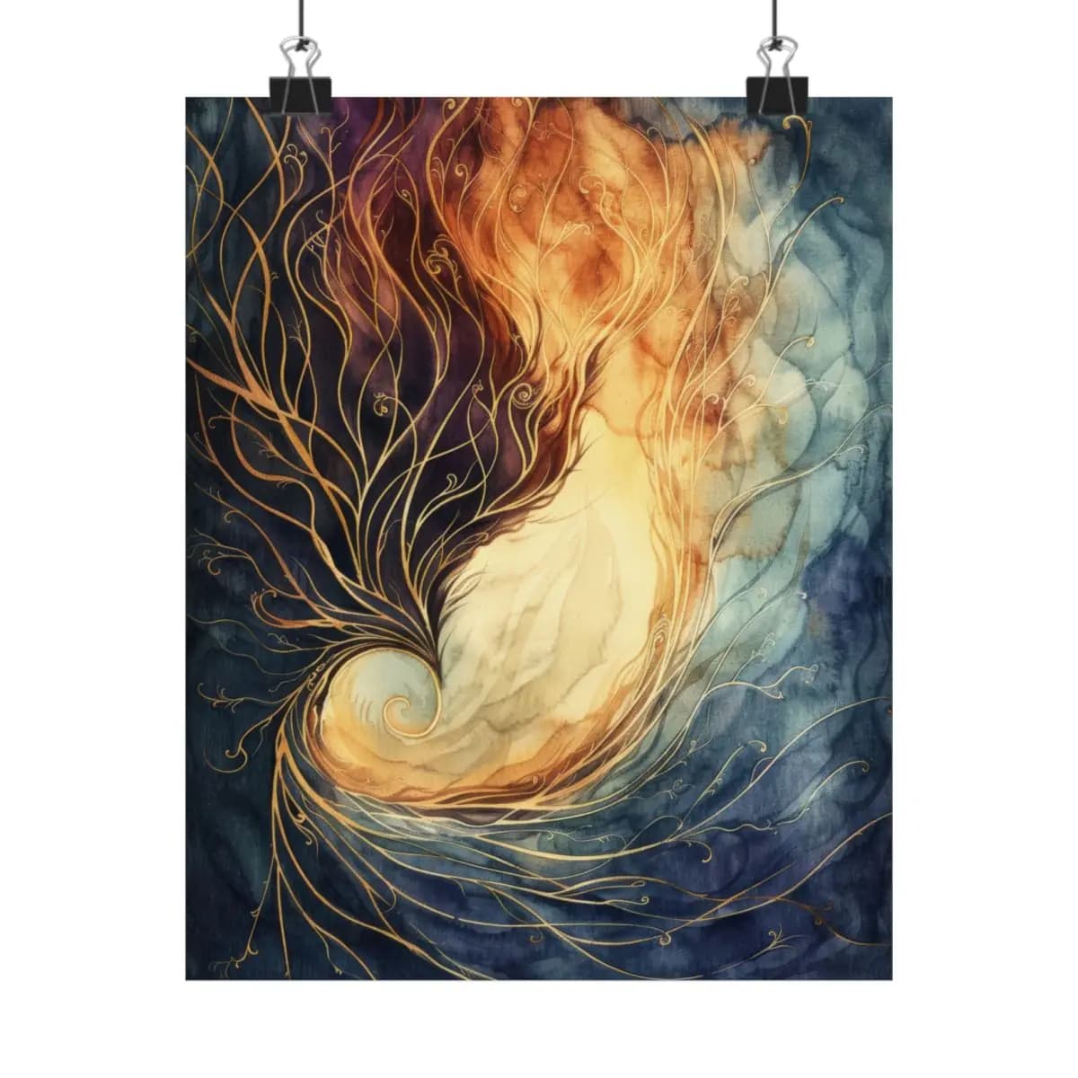 Golden Tendrils Rising from a Luminous Spiral - Matte Vertical Posters mockup angle 1