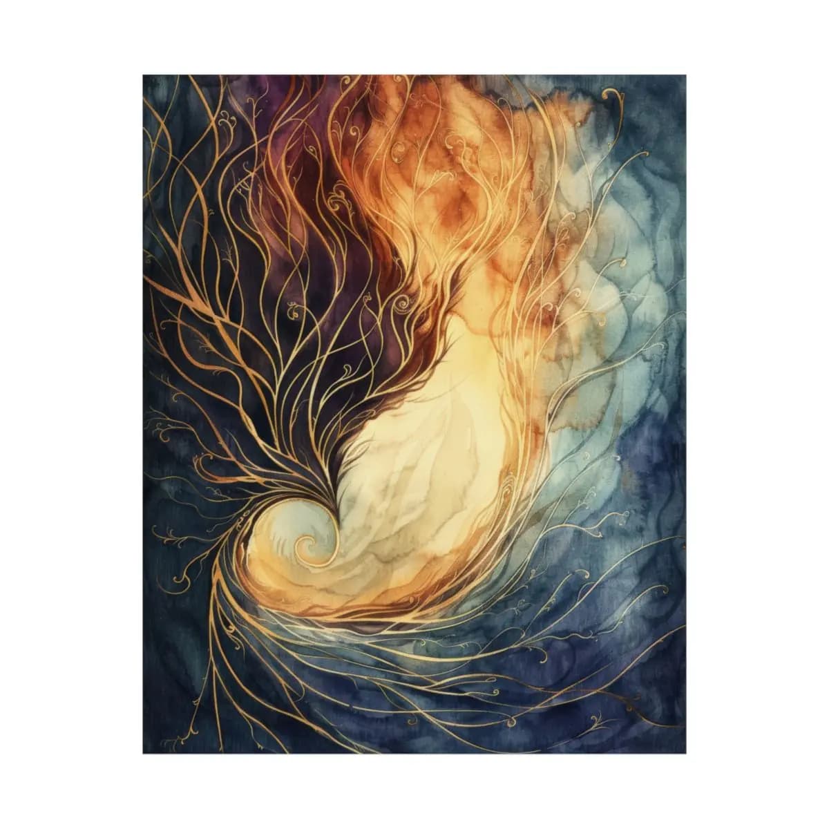 Golden Tendrils Rising from a Luminous Spiral - Matte Vertical Posters mockup angle 2