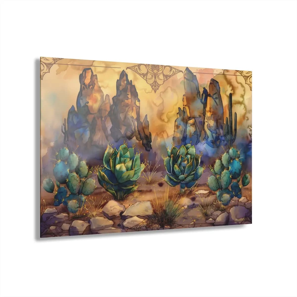 Succulents and Rock Spires in an Enchanted Desert - Acrylic Prints (French Cleat Hanging) mockup angle 1