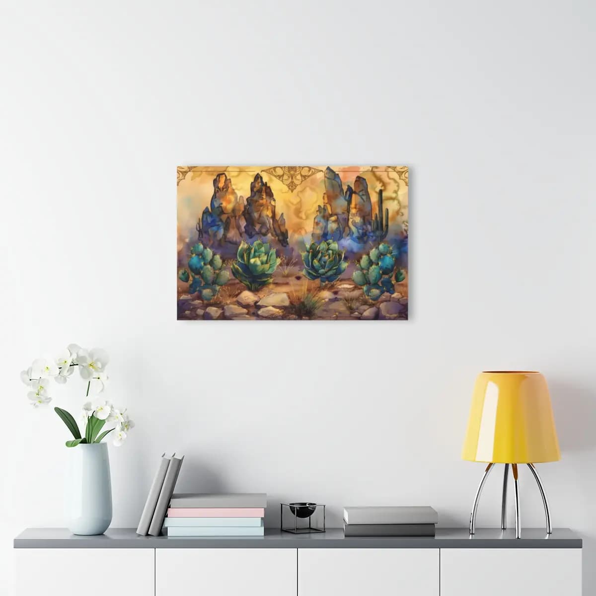 Succulents and Rock Spires in an Enchanted Desert - Acrylic Prints (French Cleat Hanging) mockup angle 4