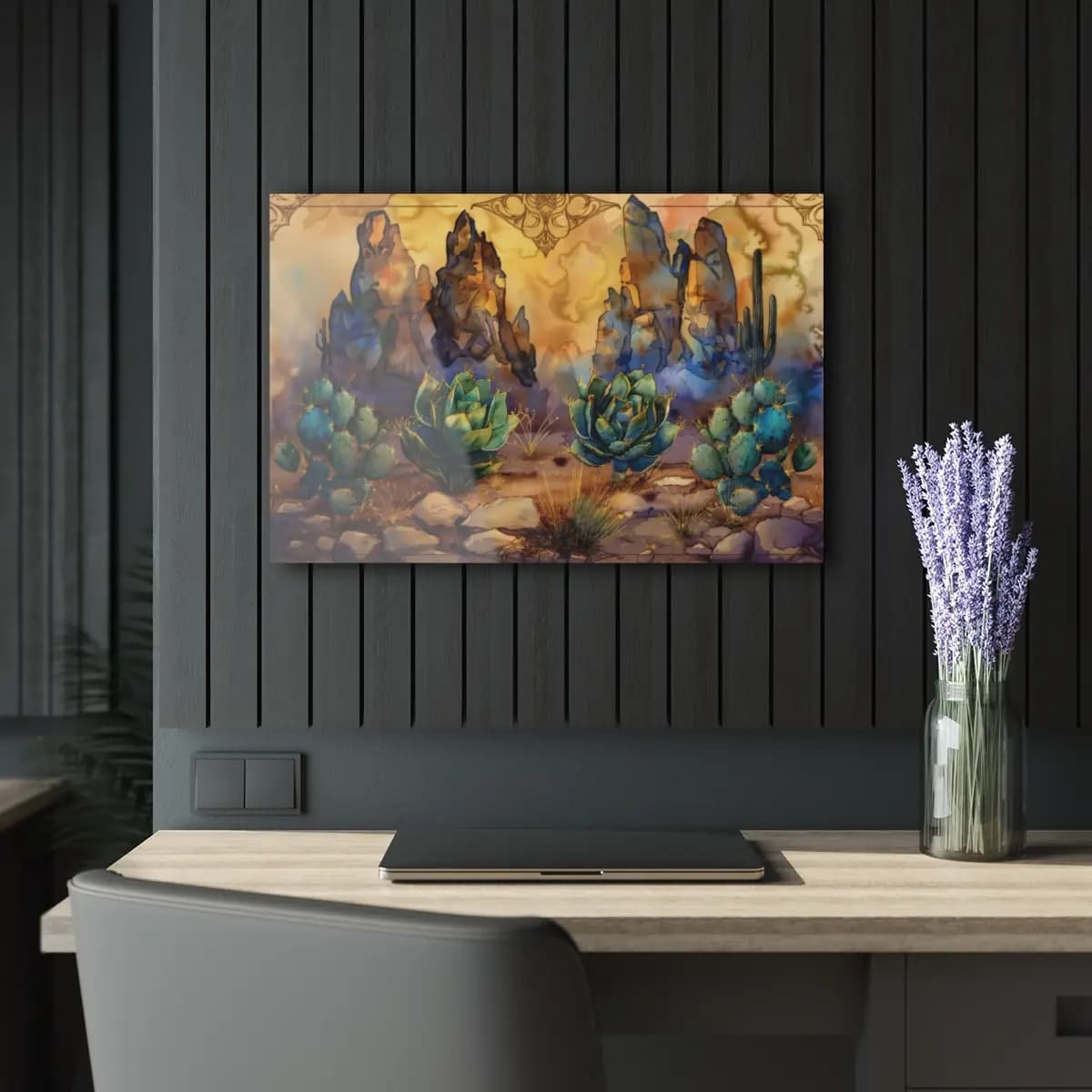 Succulents and Rock Spires in an Enchanted Desert - Acrylic Prints (French Cleat Hanging) mockup angle 5