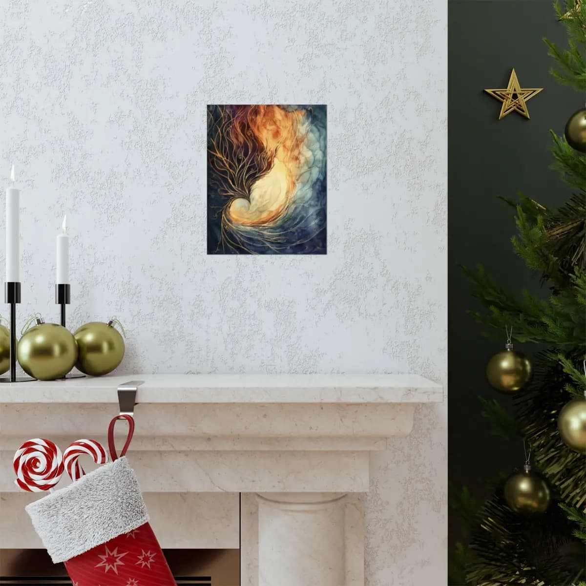 Golden Tendrils Rising from a Luminous Spiral - Matte Vertical Posters mockup angle 7