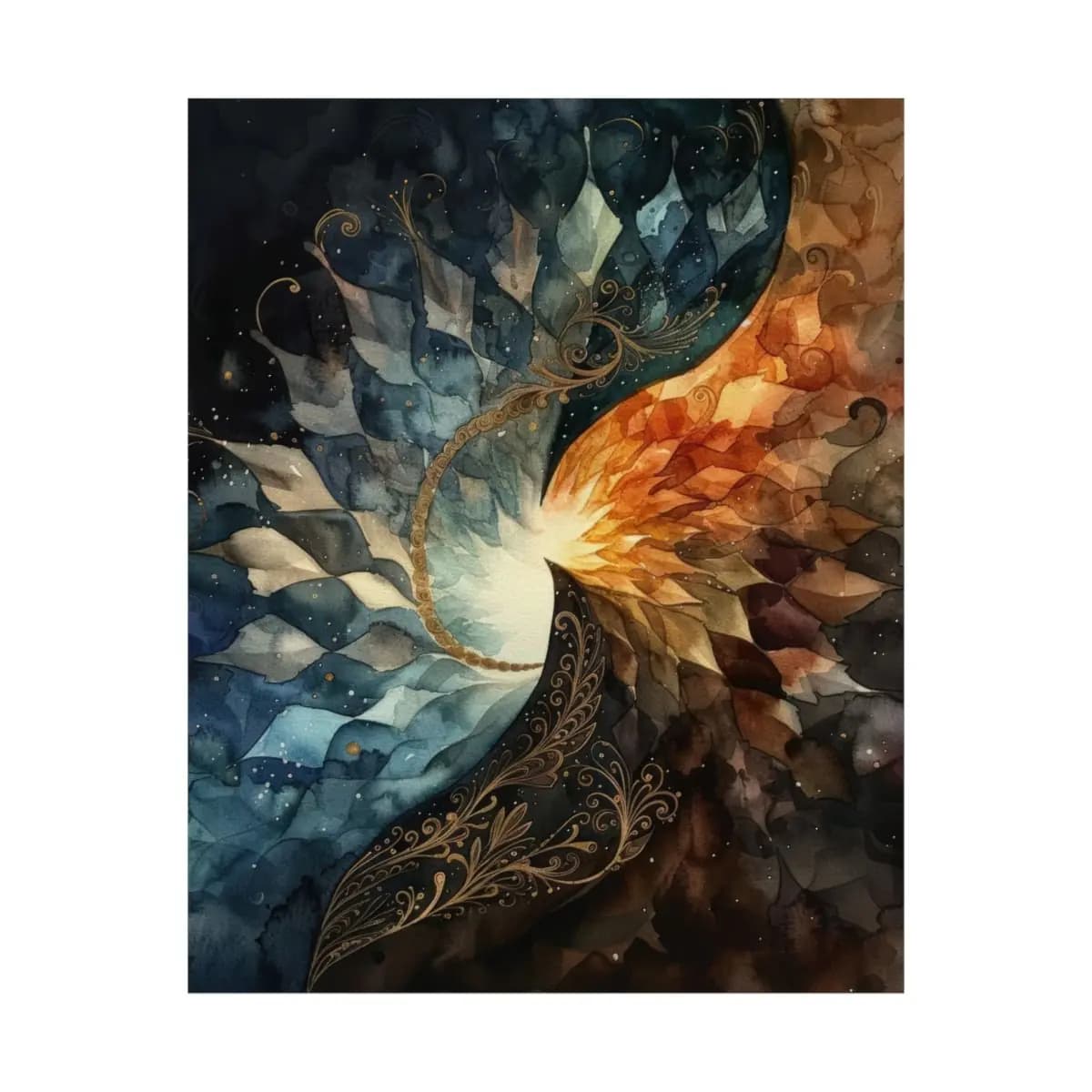 Celestial Duality: Fire and Night in Spiral - Matte Vertical Posters mockup angle 2