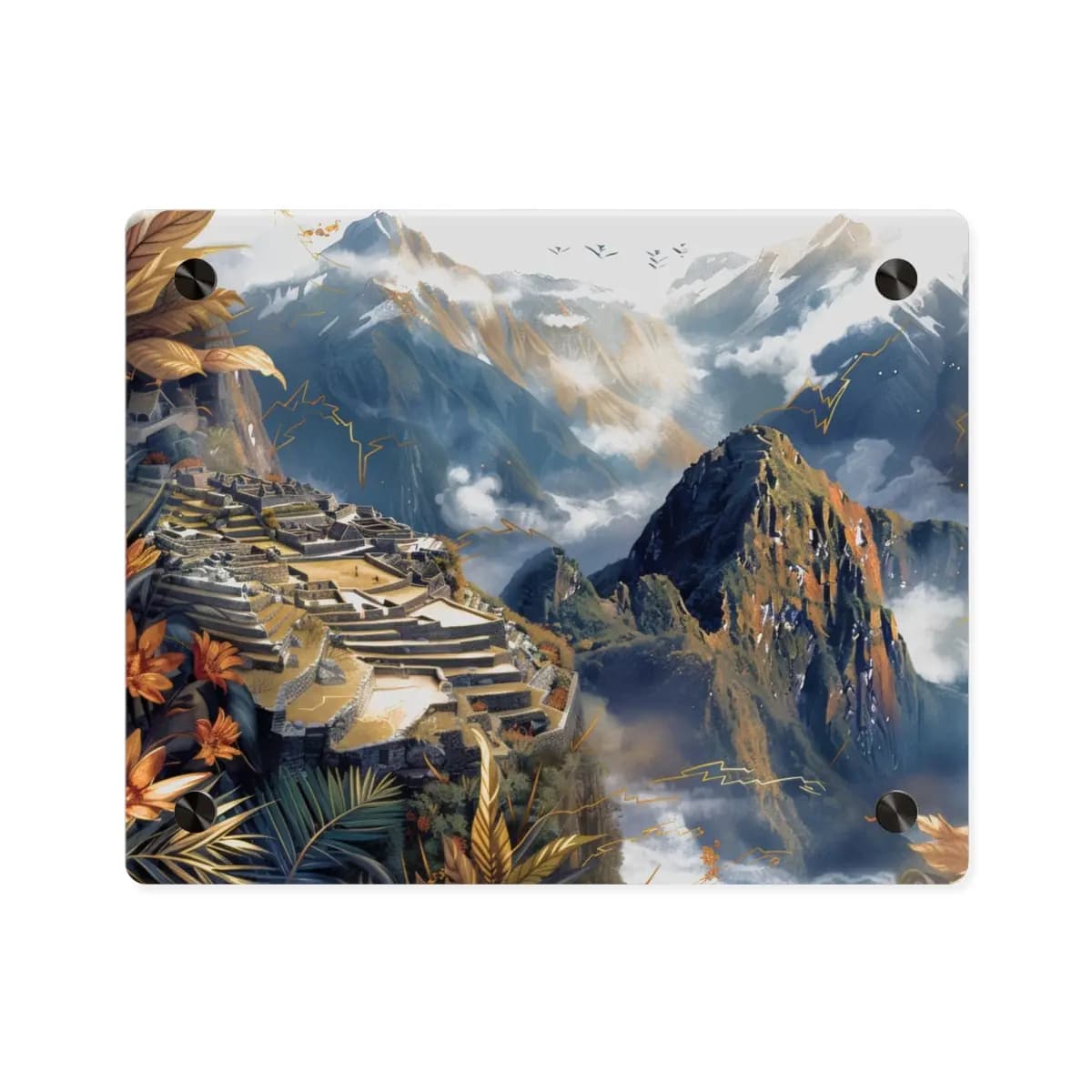 Mystical Machu Picchu Between Clouds and Gold - Acrylic Wall Art Panels mockup angle 1