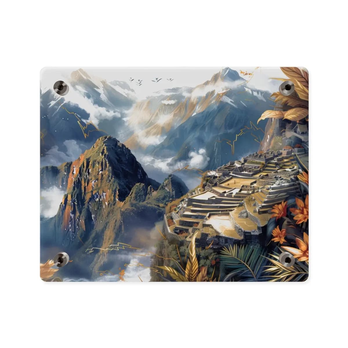 Mystical Machu Picchu Between Clouds and Gold - Acrylic Wall Art Panels mockup angle 2