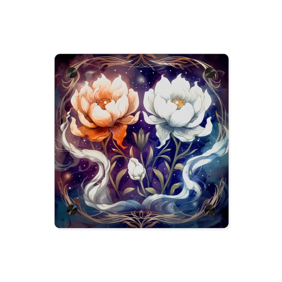 Two Celestial Peonies in Mystical Duality - Acrylic Wall Art Panels mockup angle 1