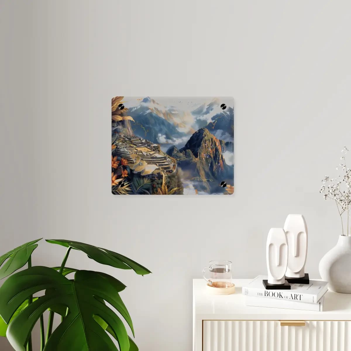 Mystical Machu Picchu Between Clouds and Gold - Acrylic Wall Art Panels mockup angle 3