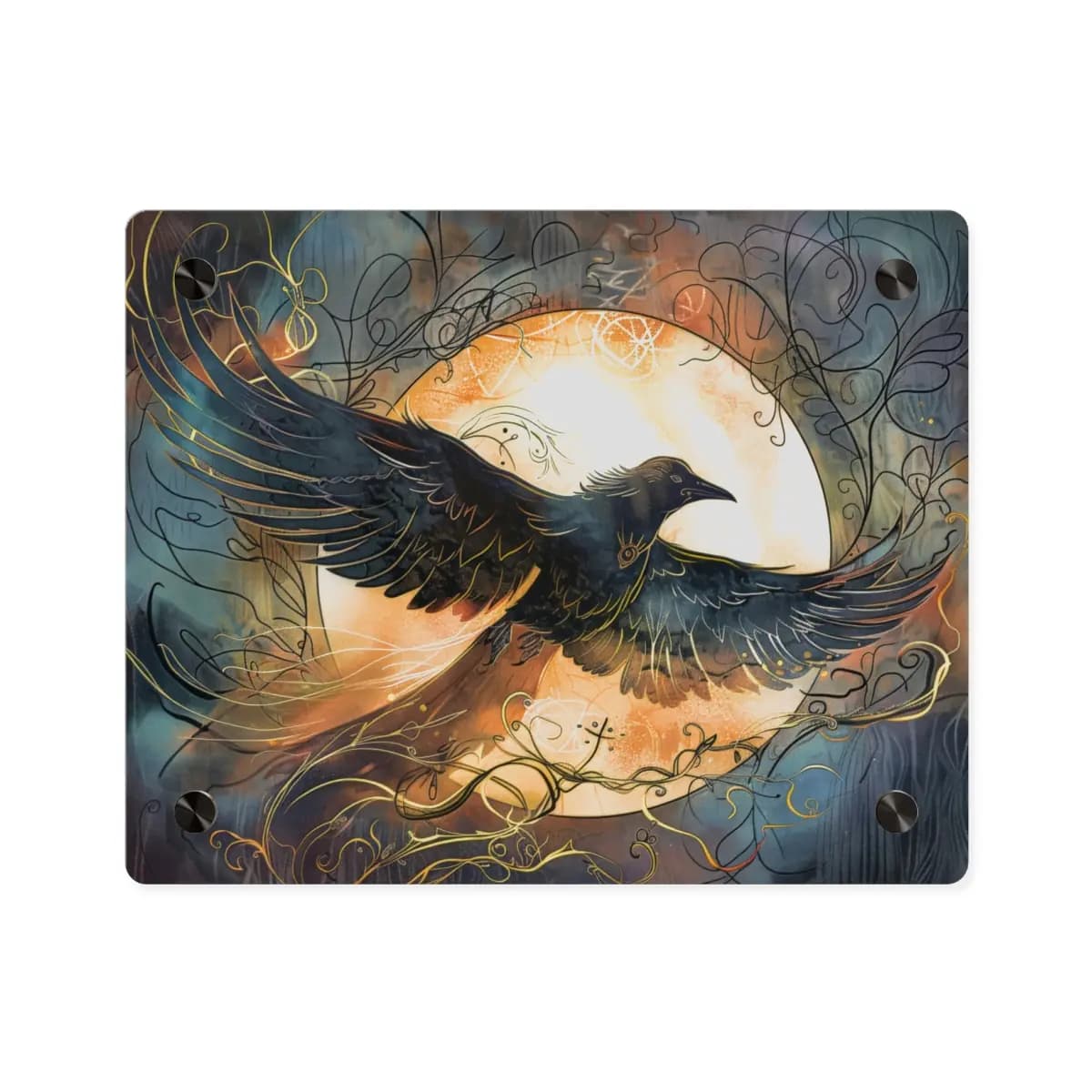 Black Raven in Flight Before the Golden Moon - Acrylic Wall Art Panels mockup angle 1