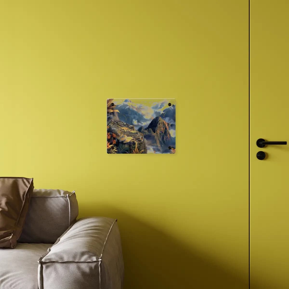 Mystical Machu Picchu Between Clouds and Gold - Acrylic Wall Art Panels mockup angle 4